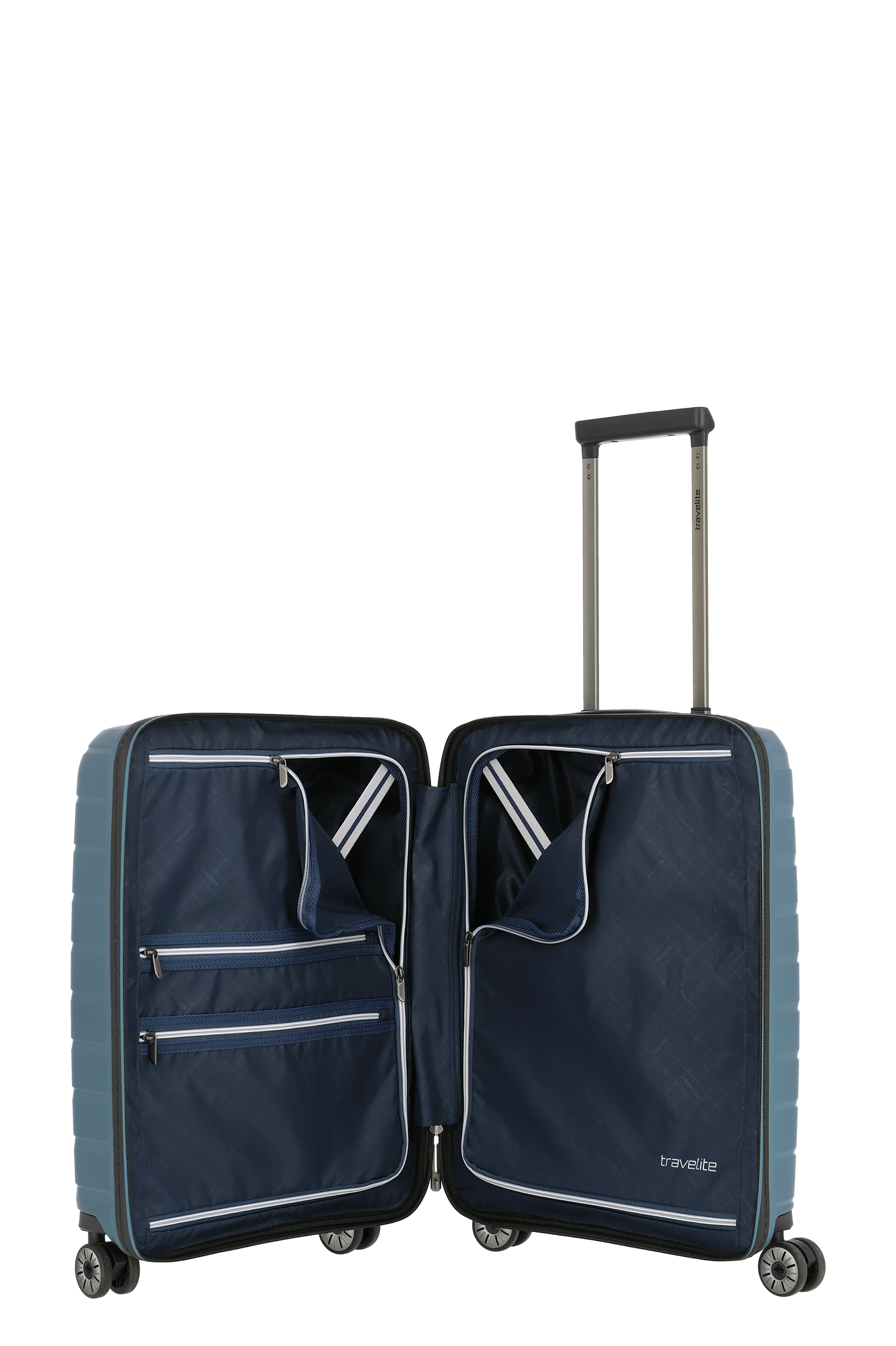 Großer blauer Hartschalenkoffer mit vier Rollen und ausgeklapptem Innenfach von Travelite