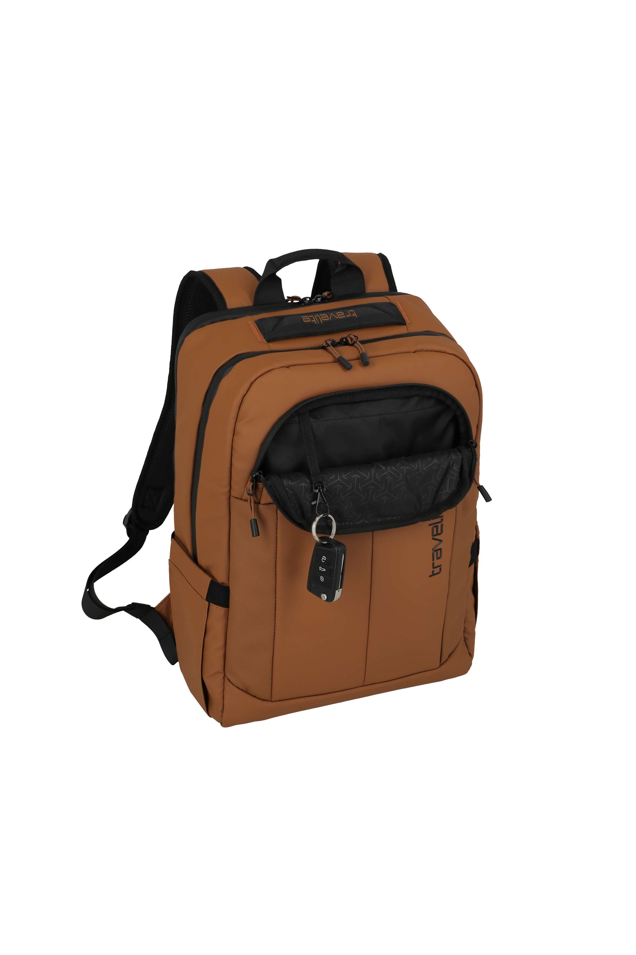 Brauner Rucksack mit Fronttasche, Schlüsselanhänger und mehreren Fächern – ideal für Reisen oder Schule