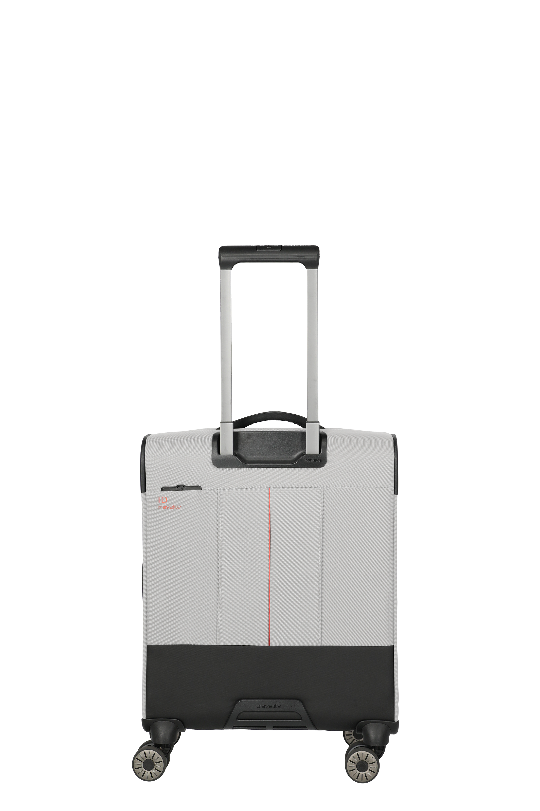 Moderner grauer Handgepäck-Trolley mit vier Rollen und Teleskopgriff – Rückansicht