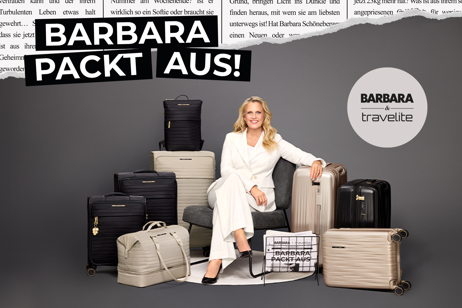 Moderne Kofferkollektion von Barbara & travelite Werbung für die Kofferkollektion 'Barbara packt aus!' mit eleganten Koffern und einer Frau im weißen Anzug