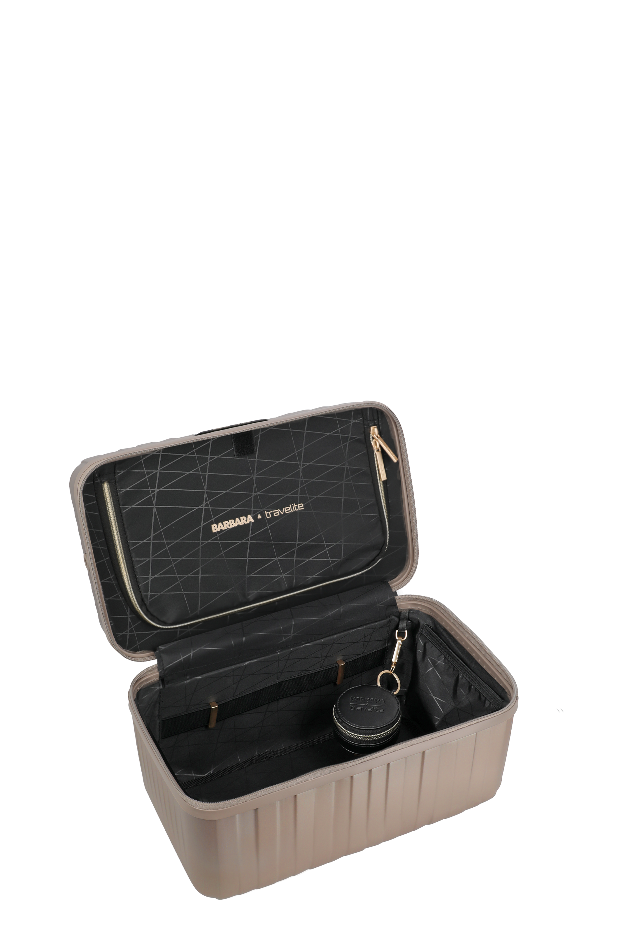Kosmetikkoffer BARBARA x travelite, Hartschale, beige, mit schwarzem Innenfutter und Taschen-Set
