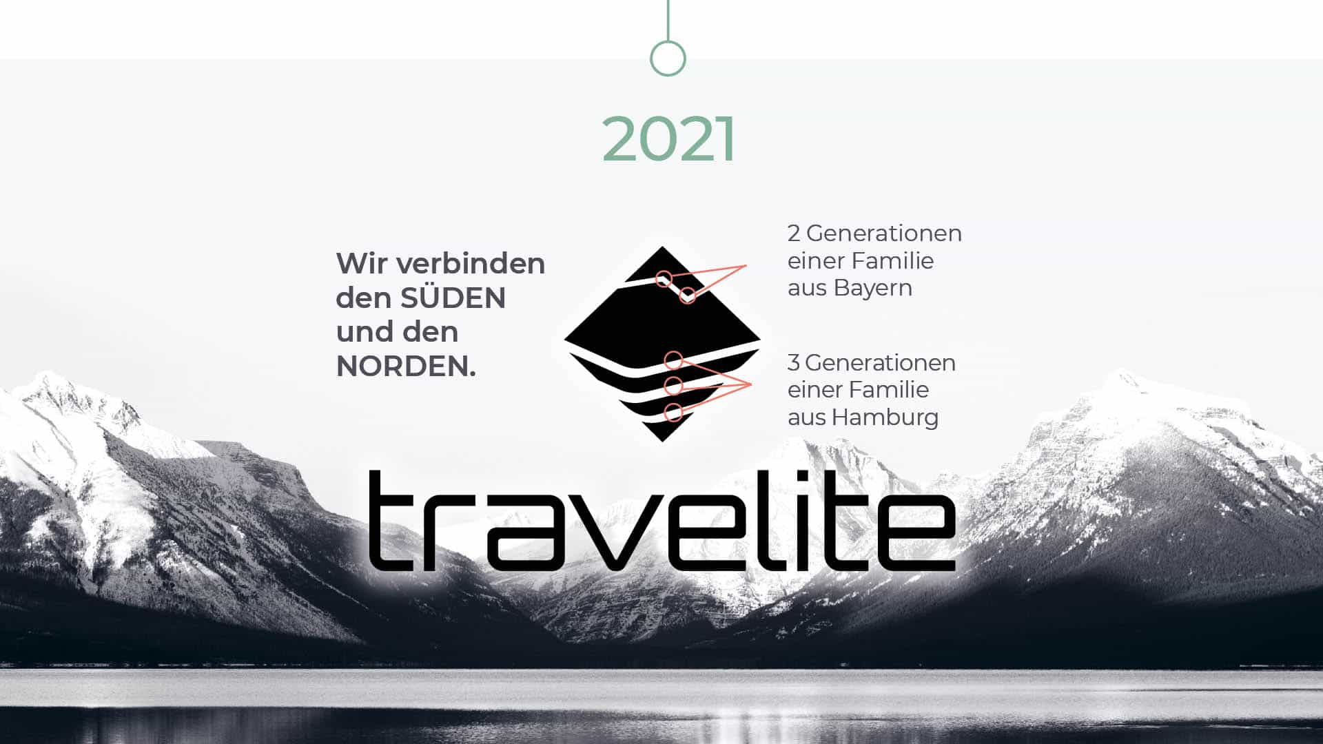 Travelite - Wir verbinden den Süden und den Norden Bergpanorama mit Travelite-Logo und Text über die Verbindung von Nord- und Süddeutschland
