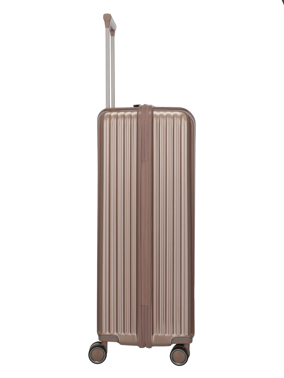 Eleganter Reisekoffer in Roségold mit Teleskopgriff und vier Rollen – Seitenansicht