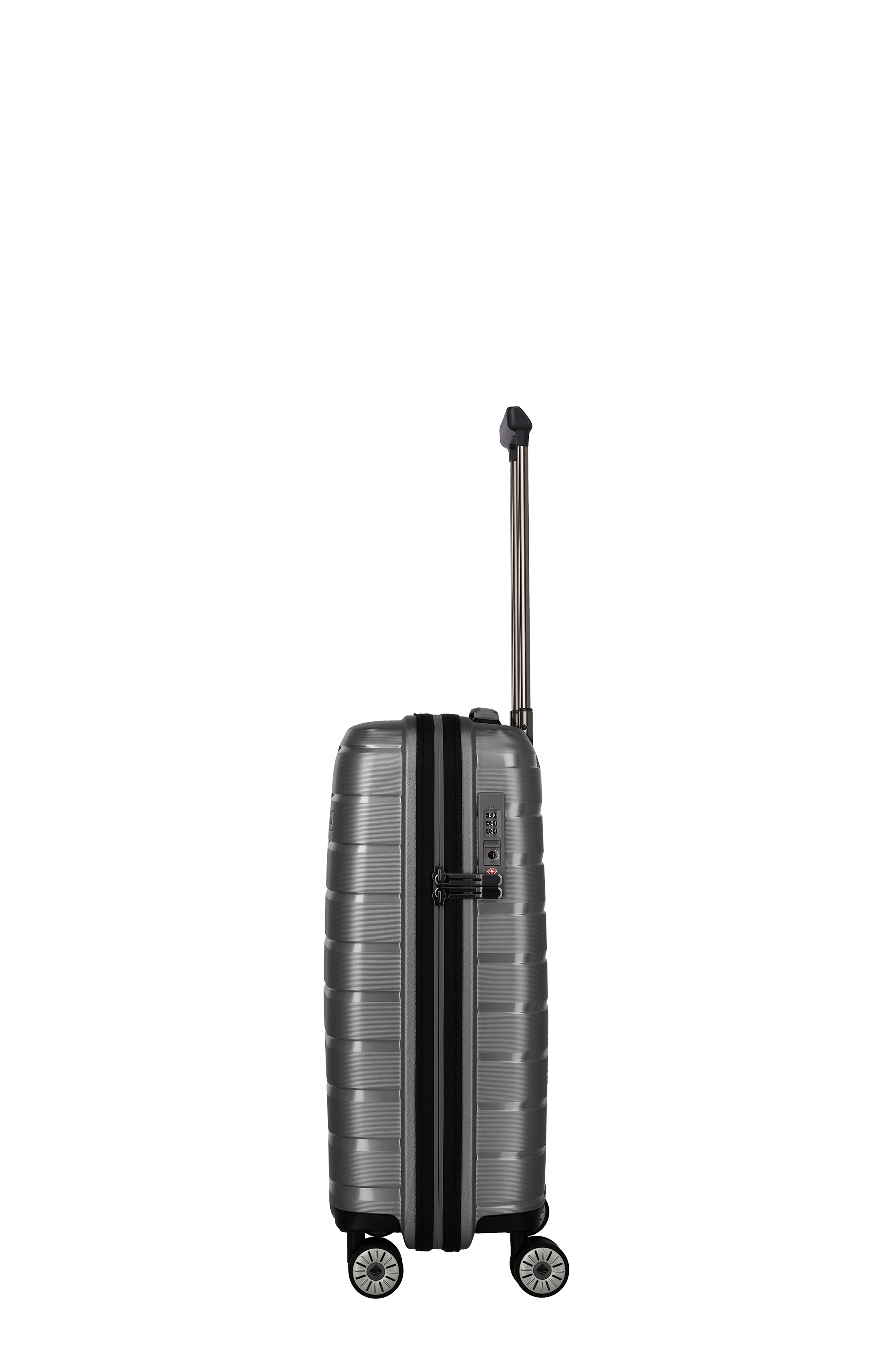 Robuster Hartschalenkoffer in Grau mit Zahlenschloss und Teleskopgriff, Seitenansicht