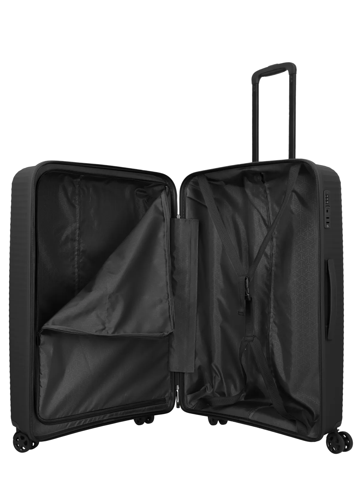 Schwarzer Hartschalenkoffer mit offenem Innenraum, Trennwand und Spanngurten, auf Rollen und mit Teleskopgriff