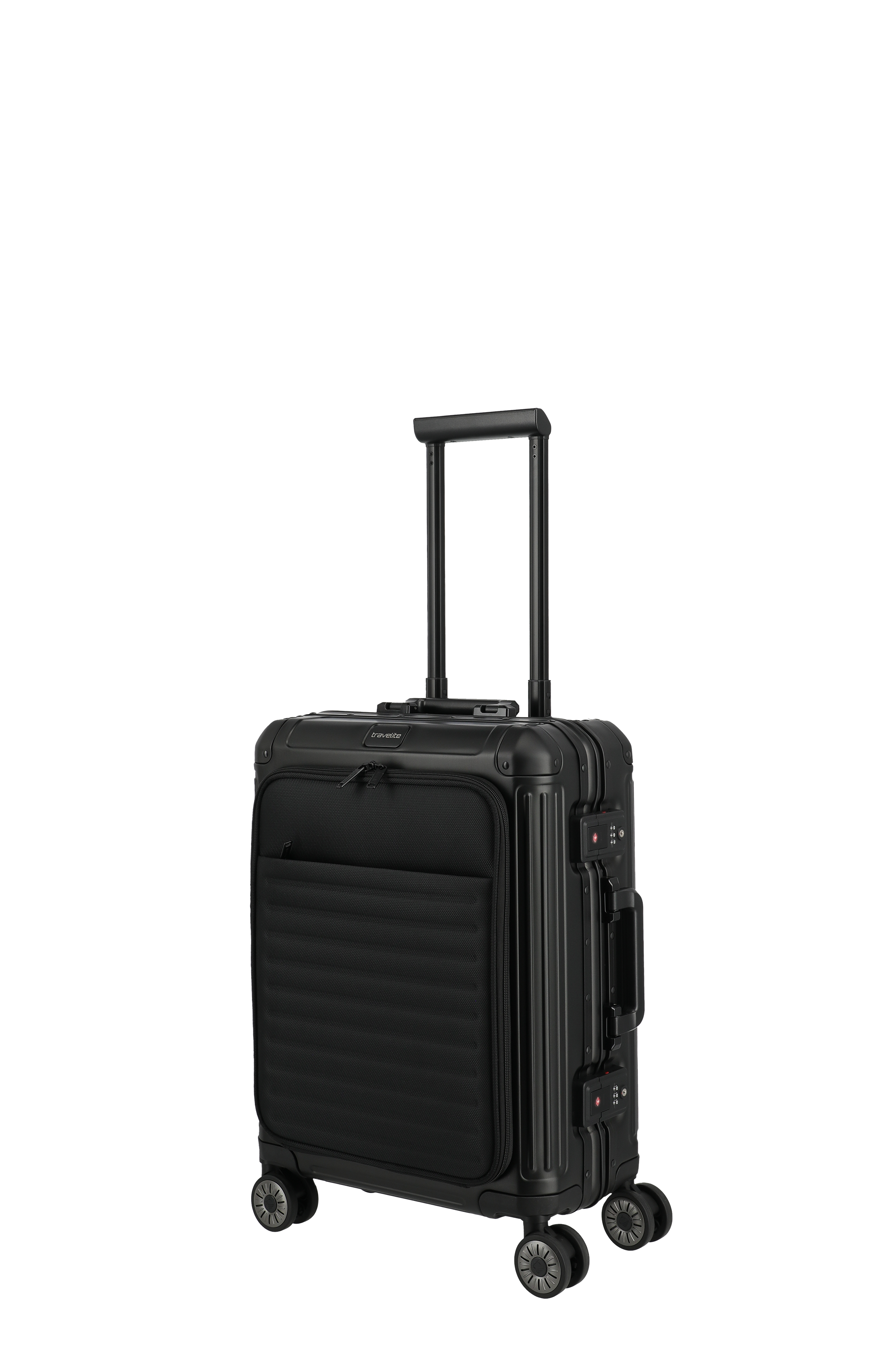 Schwarzer Hartschalen-Trolley mit vier Rollen und ausziehbarem Griff