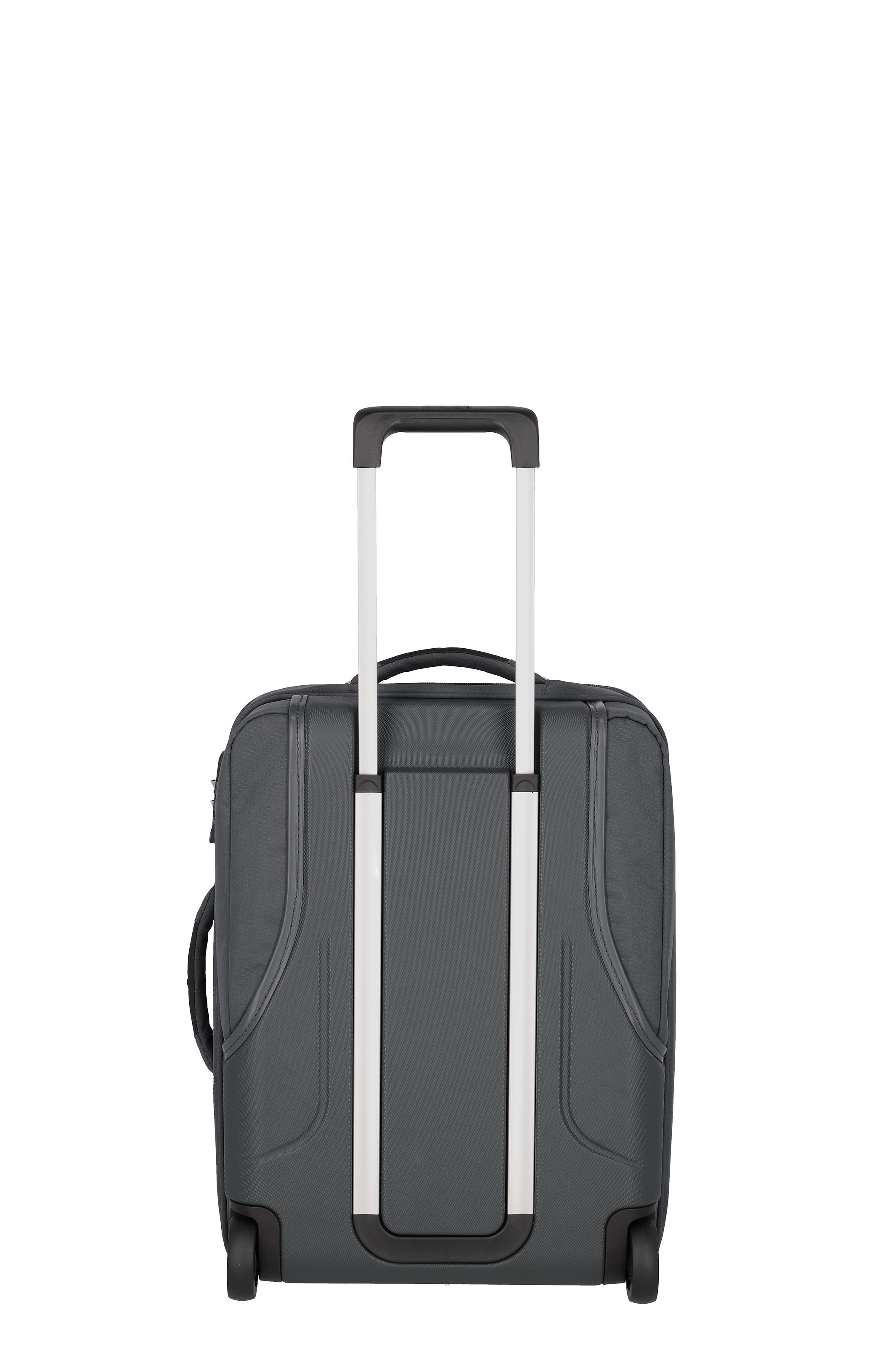Rückansicht eines schwarzen Trolleys mit ausziehbarem Griff und Rollen – ideal als Handgepäck