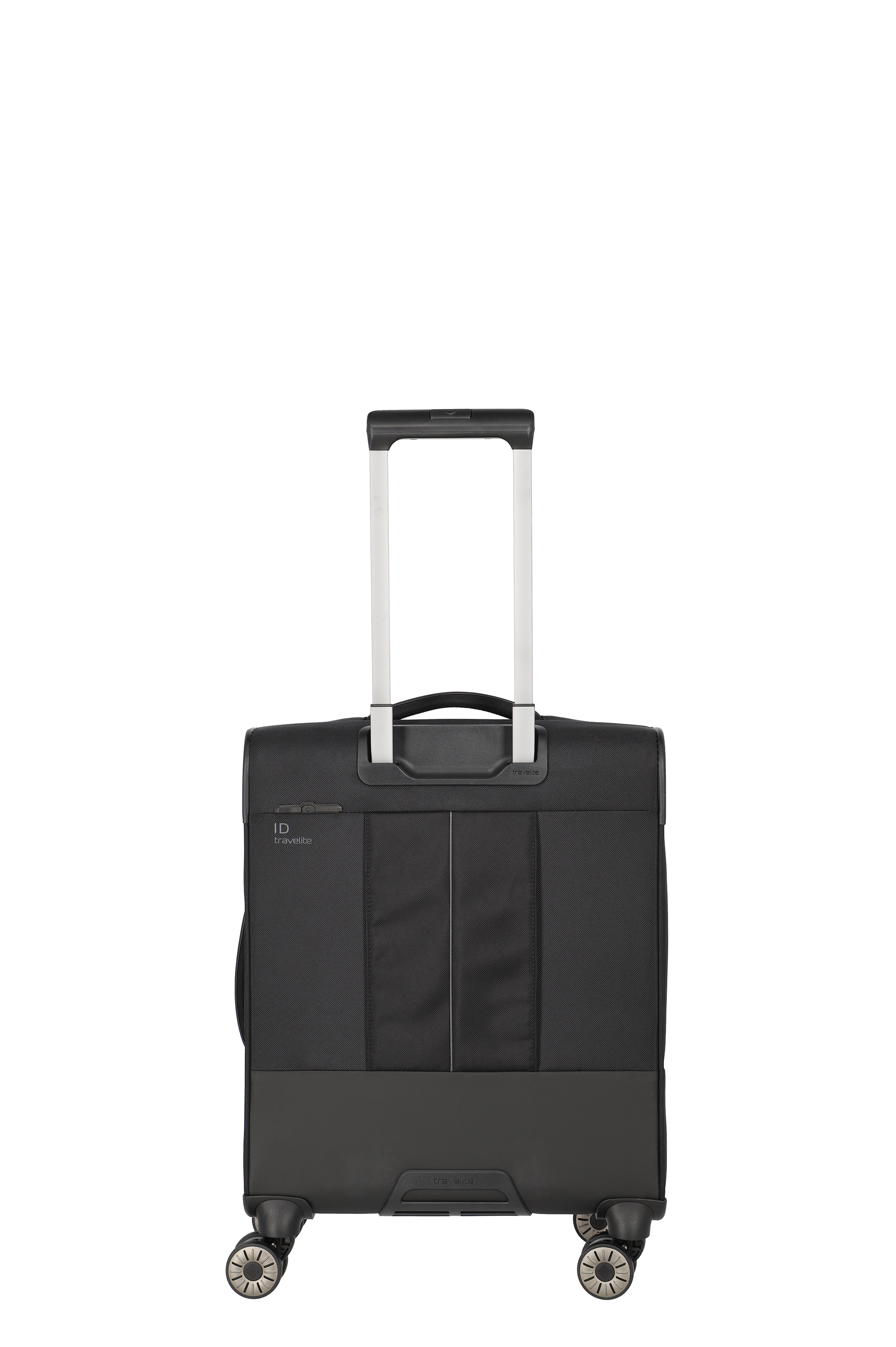 Schwarzer Trolley-Koffer mit ausziehbarem Griff und vier Rollen – Rückansicht