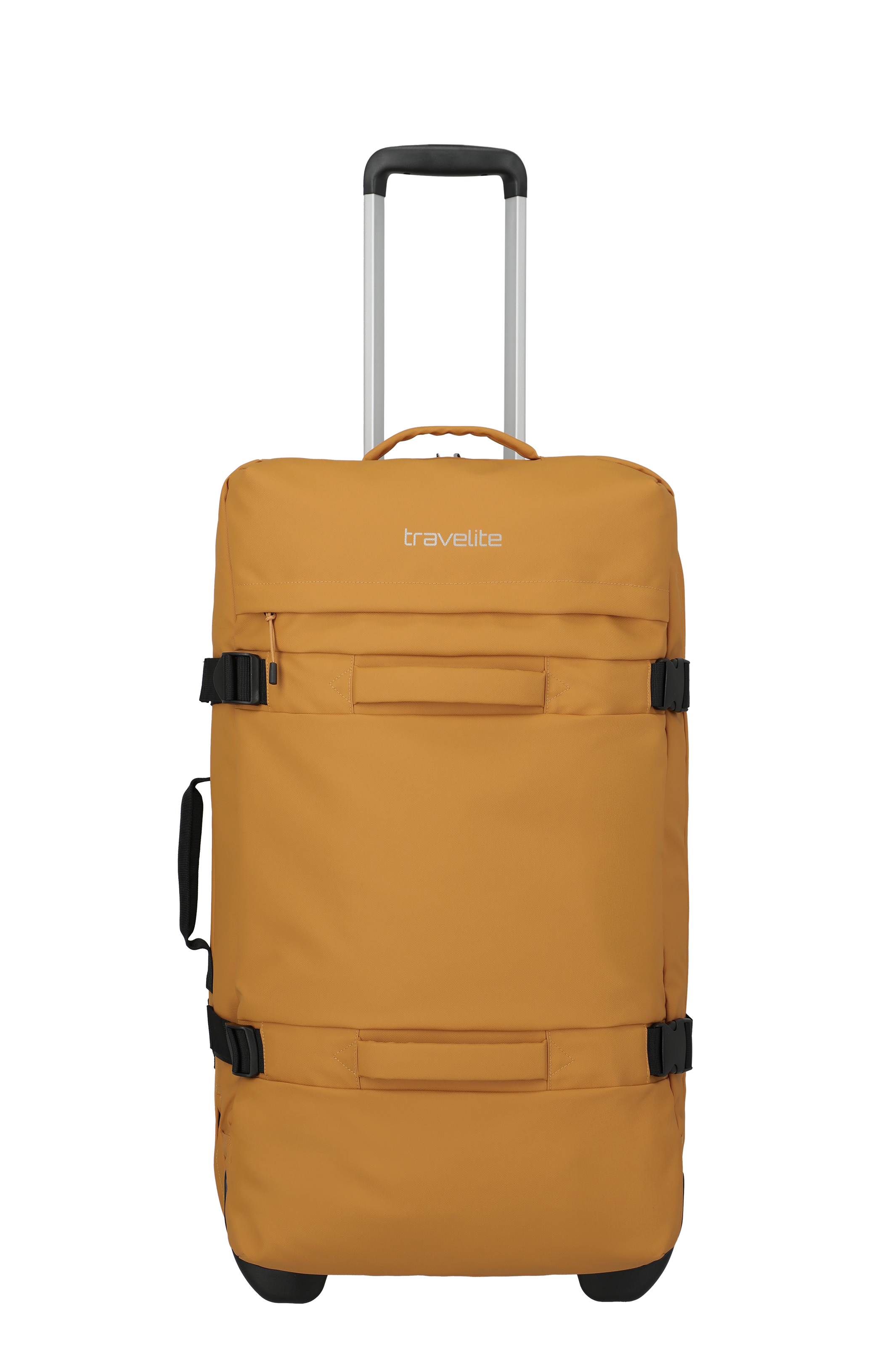 Ein senffarbener Koffer steht vor einem schwarzen Hintergrund. Der Koffer hat einen silbernen, ausziehbaren Griff und schwarze Rollen. Das Logo „travelite“ ist oben aufgedruckt. An den Seiten befinden sich Tragegriffe und Riemen mit Schnallen.