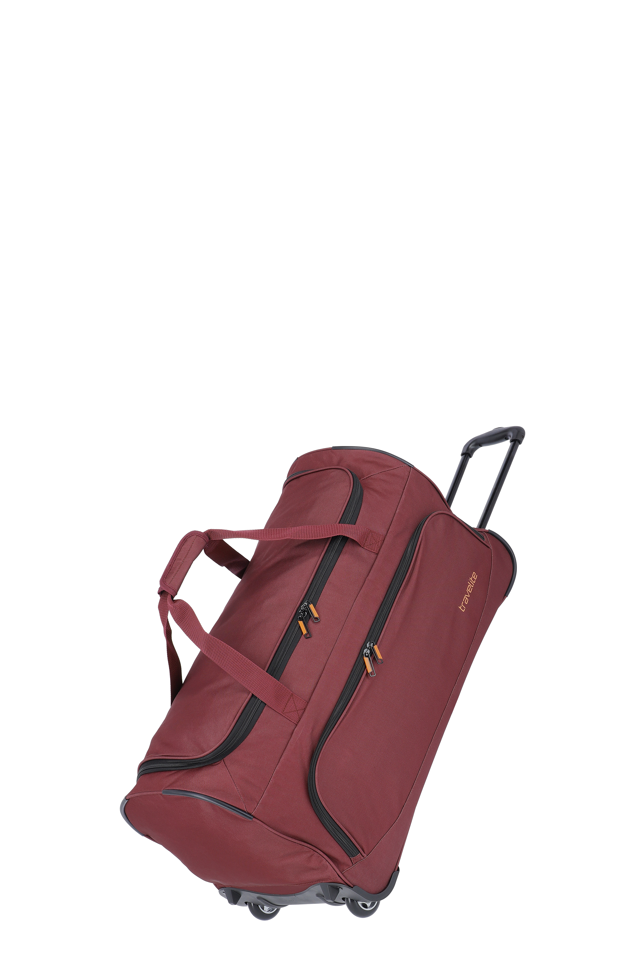 Burgunderrote Reisetasche mit Rollen und mehreren Fächern, ideal für Reisen