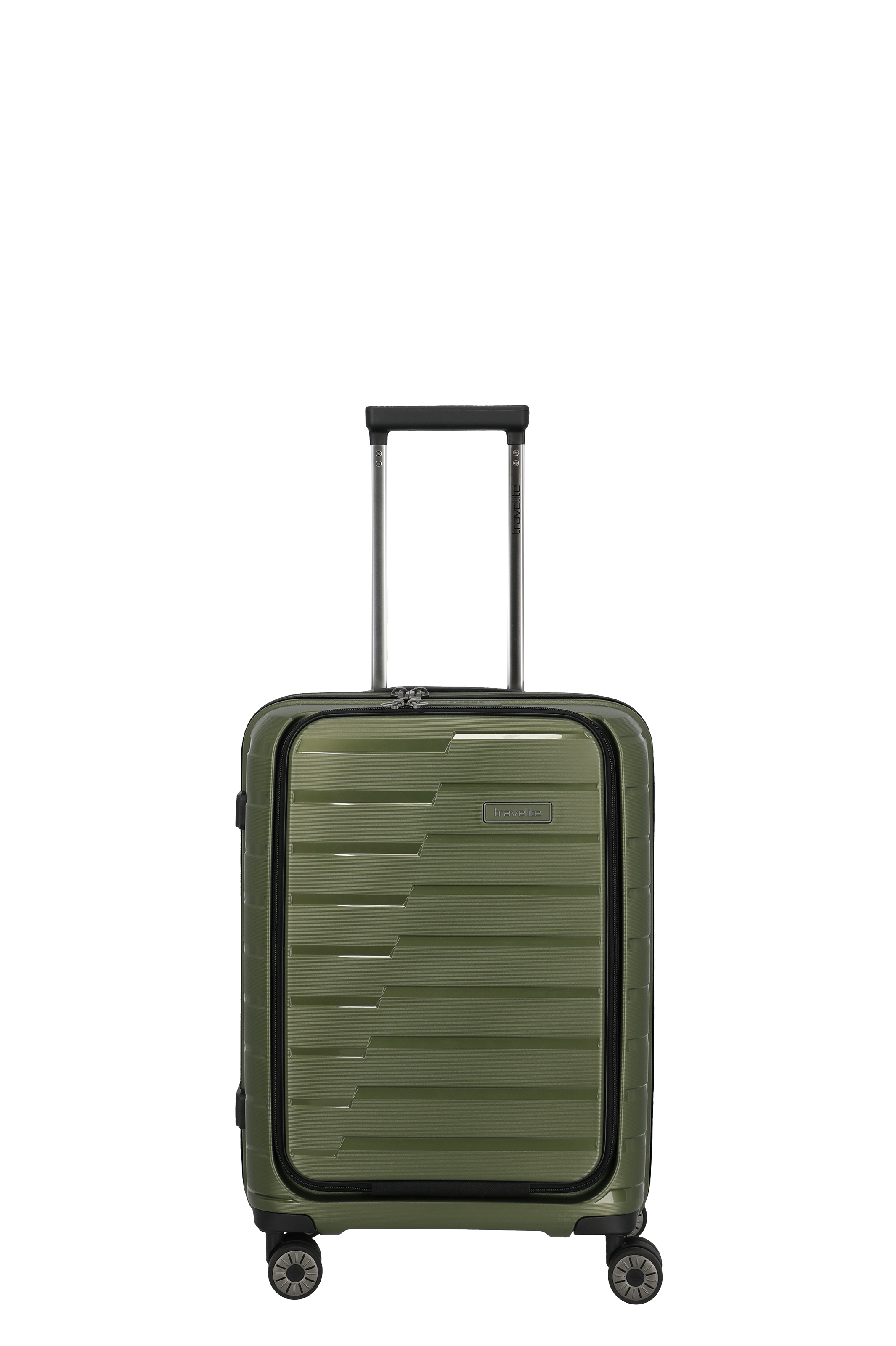 Grüner Hartschalen-Kabinentrolley mit vier Rollen und Teleskopgriff von Travelite Moderner, grüner Kabinentrolley aus Hartschale mit vier Rollen und ausziehbarem Griff, ideal für Reisen