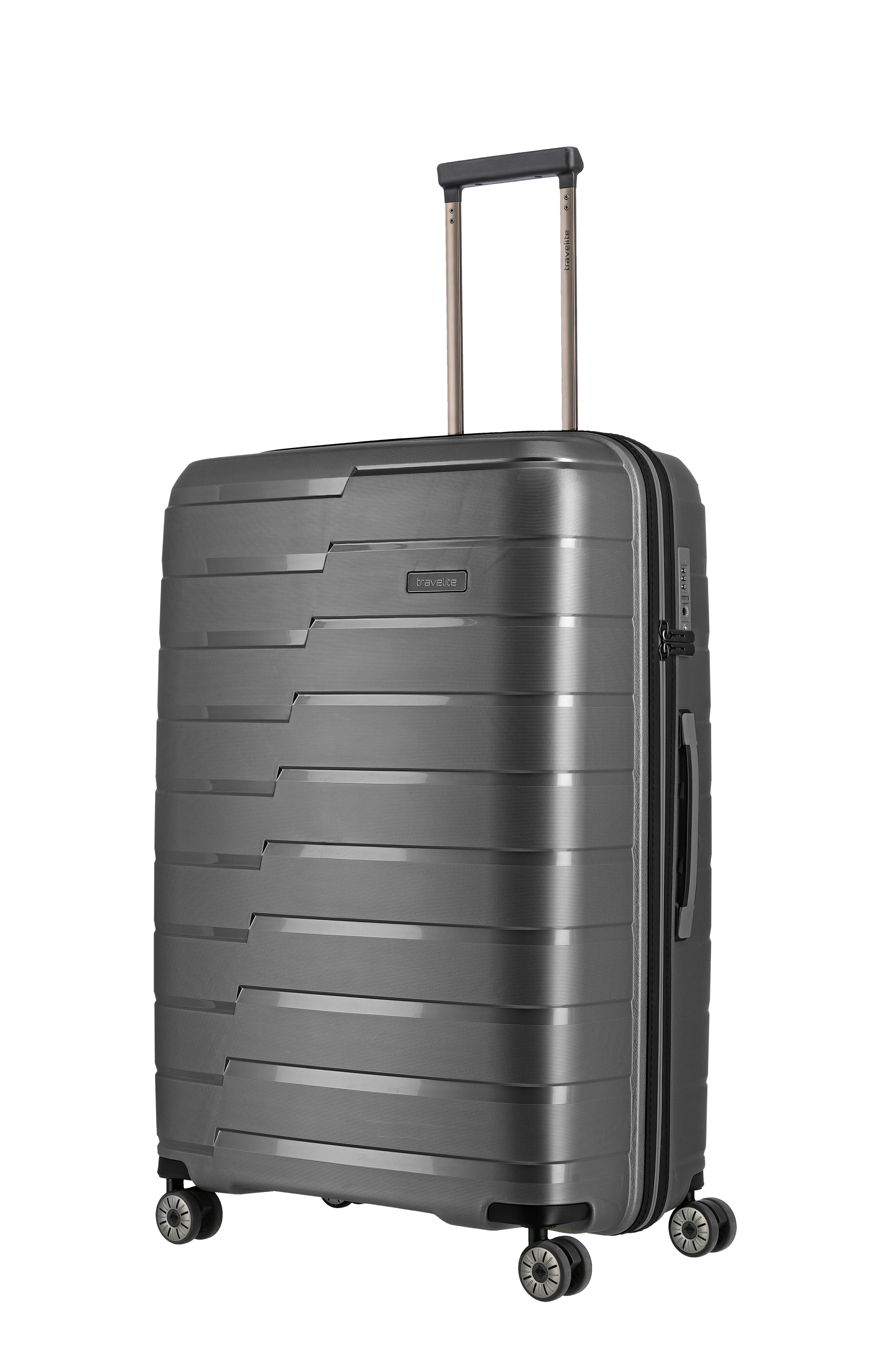 Moderner Hartschalenkoffer in Anthrazit mit Teleskopgriff und vier Rollen