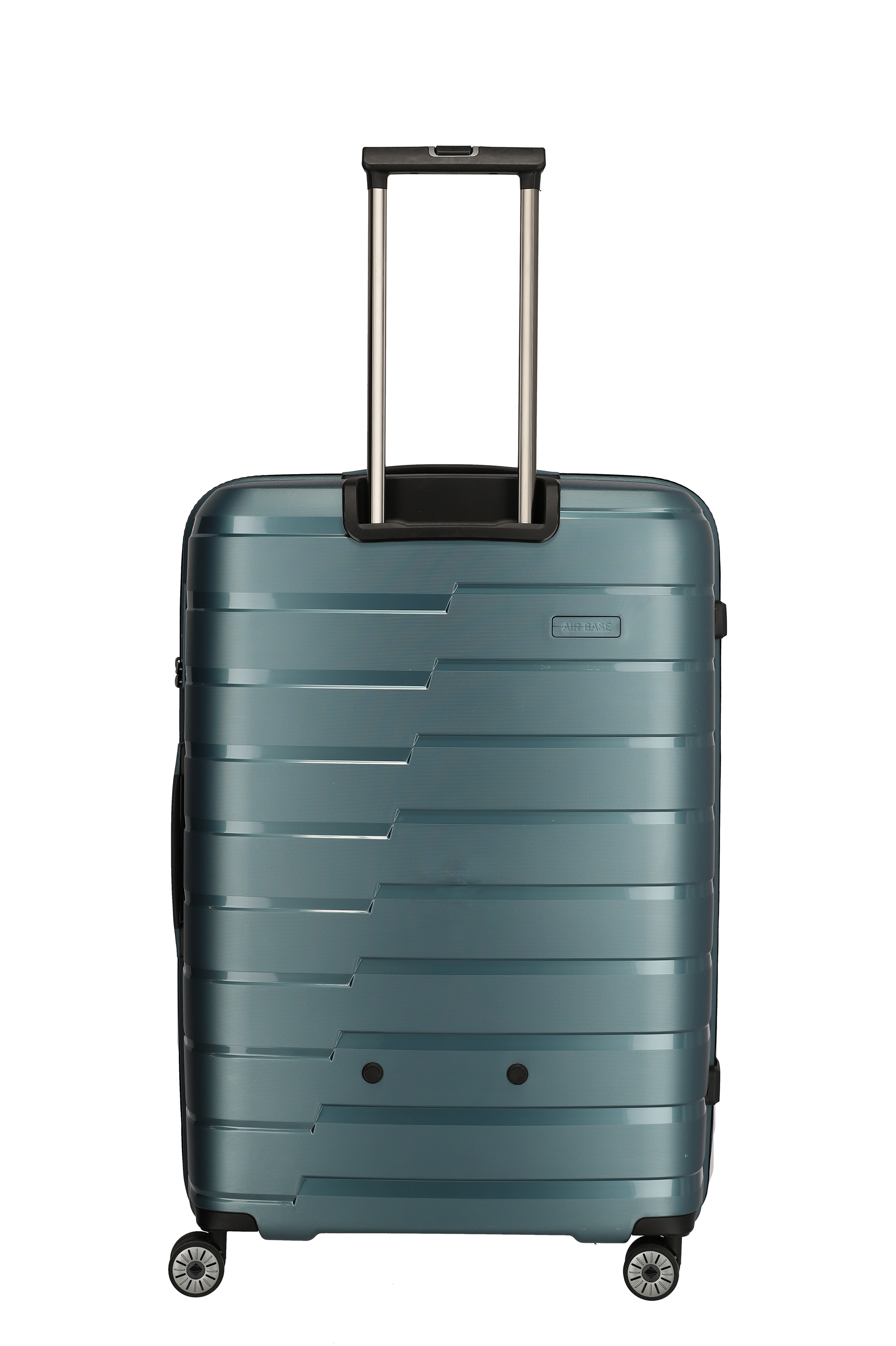 Moderner Hartschalen-Trolley in Blau mit vier Rollen und Teleskopgriff für komfortables Reisen