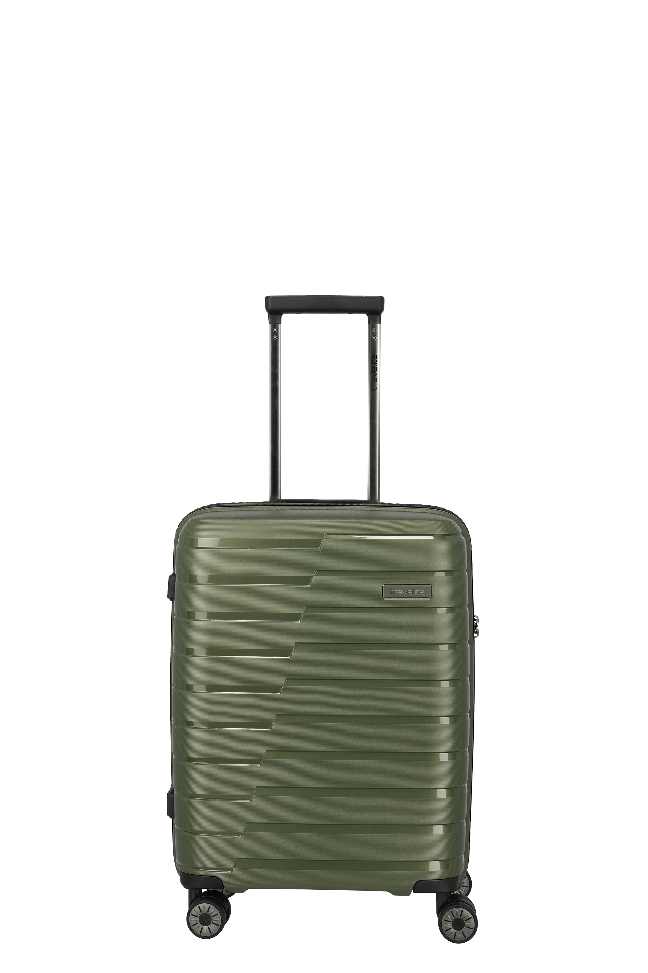 Robuster grüner Hartschalen-Trolley mit vier Rollen und Teleskopgriff – ideal als Handgepäck für Reisen Grüner Handgepäck-Hartschalenkoffer mit Teleskopgriff und vier Rollen, stehend auf hellem Hintergrund