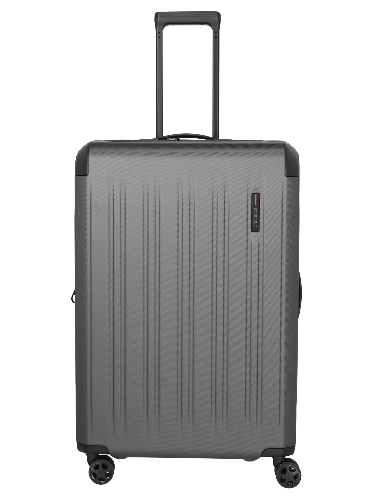 Stabiler grauer Hartschalenkoffer mit vier Rollen und Teleskopgriff für komfortables Reisen
