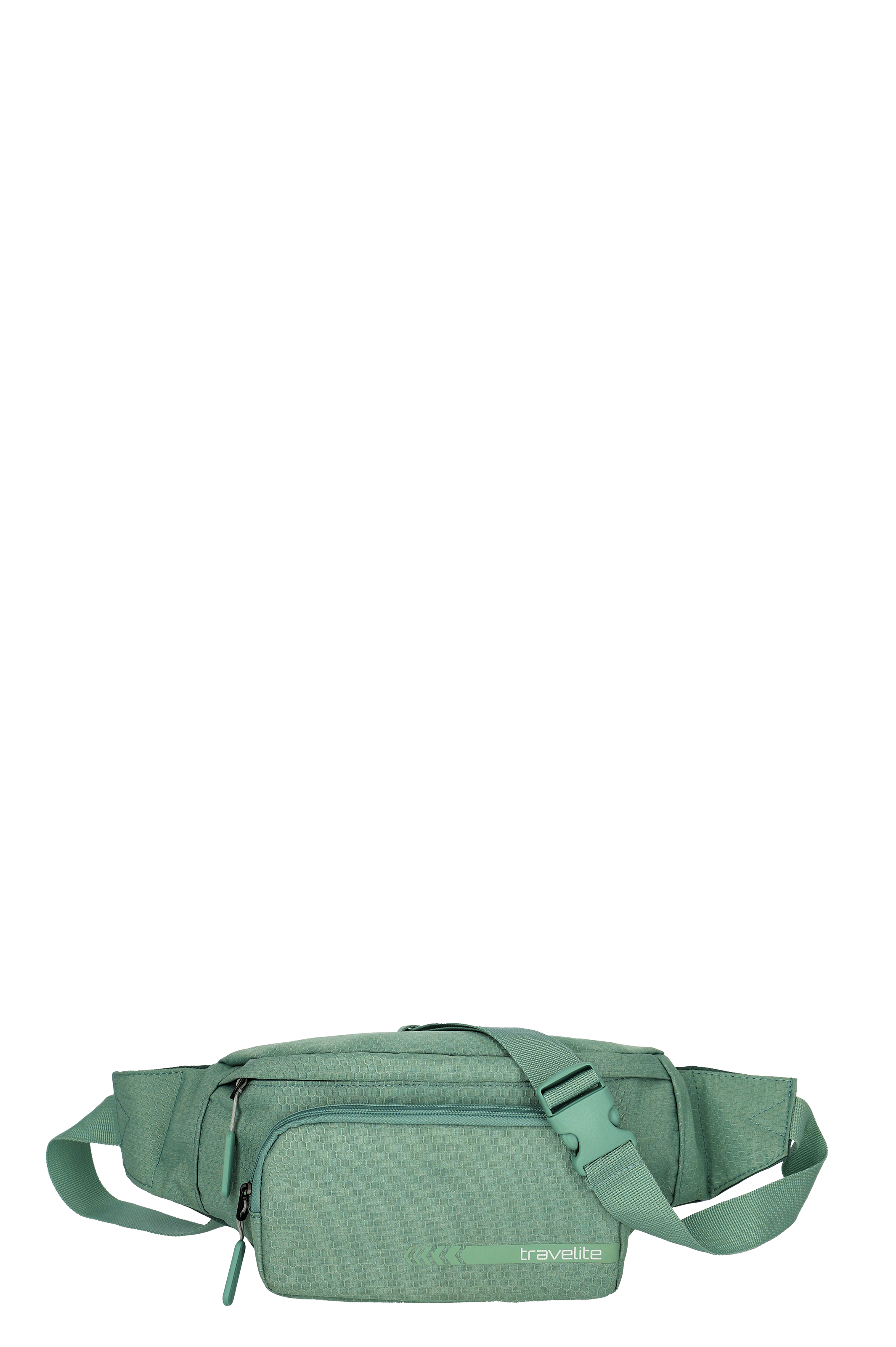 La borsa con cintura verde chiaro di TRAVELITE si staglia su uno sfondo nero. La borsa è dotata di due cerniere e di una tracolla regolabile con chiusura a scatto. Il logo TRAVELITE è stampato a caratteri piccoli.