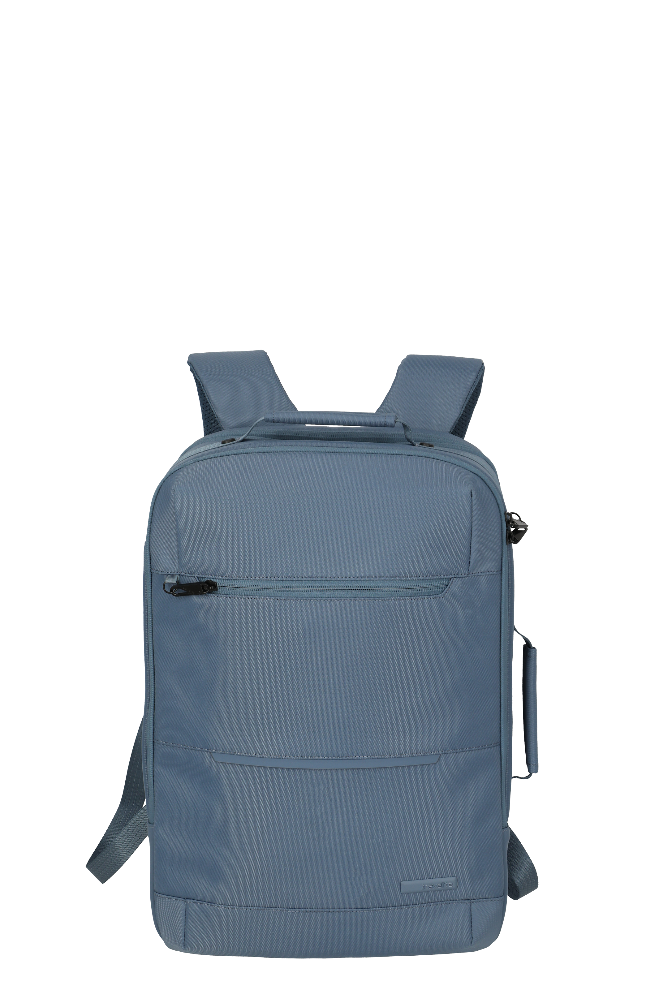 Zaino semplice e rettangolare di colore blu, con zip e scomparto frontale, ideale per l'uso quotidiano o per i viaggi