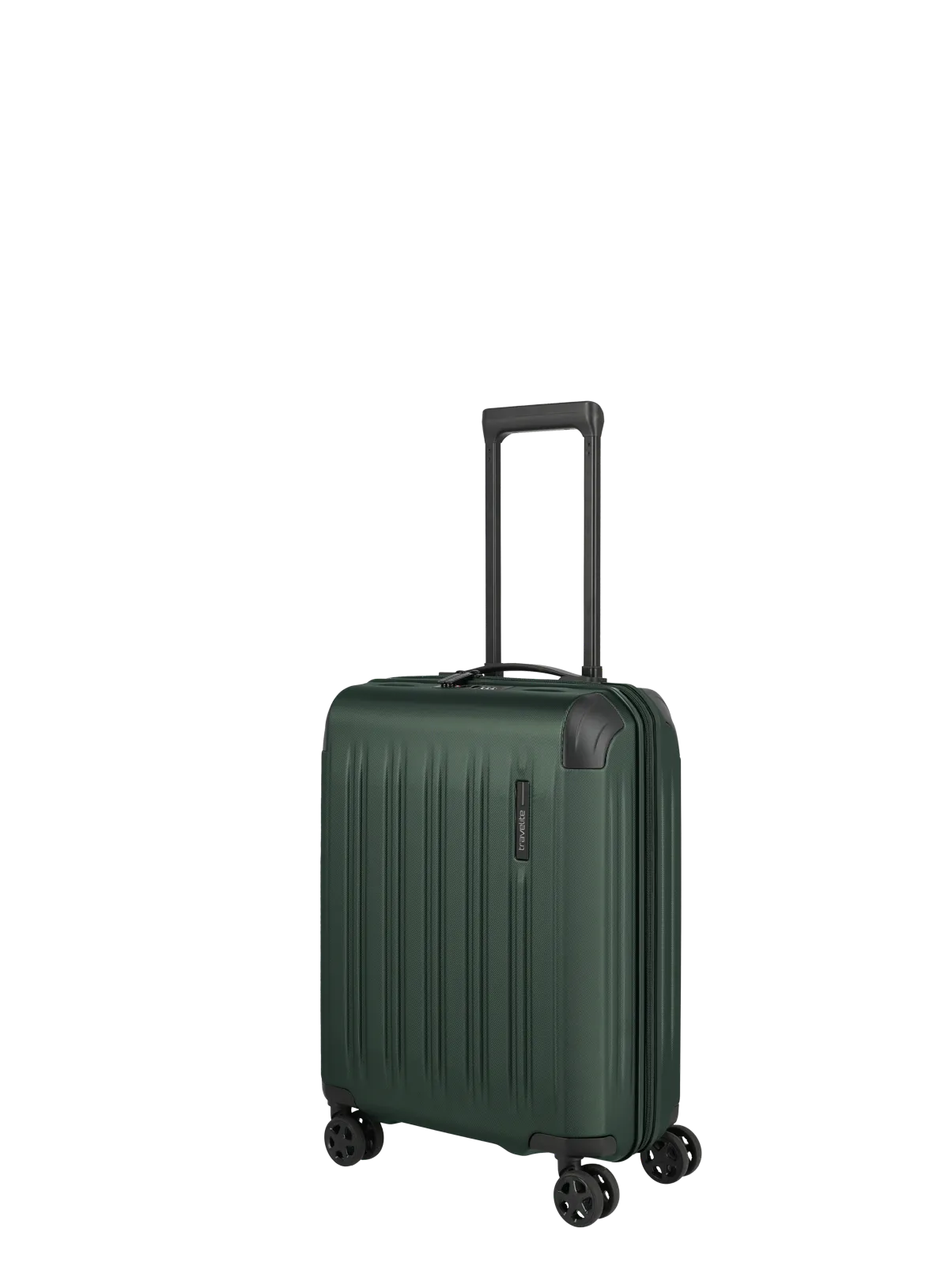 Robuster grüner Hartschalen-Trolley mit vier Rollen und Teleskopgriff – ideal als Handgepäck