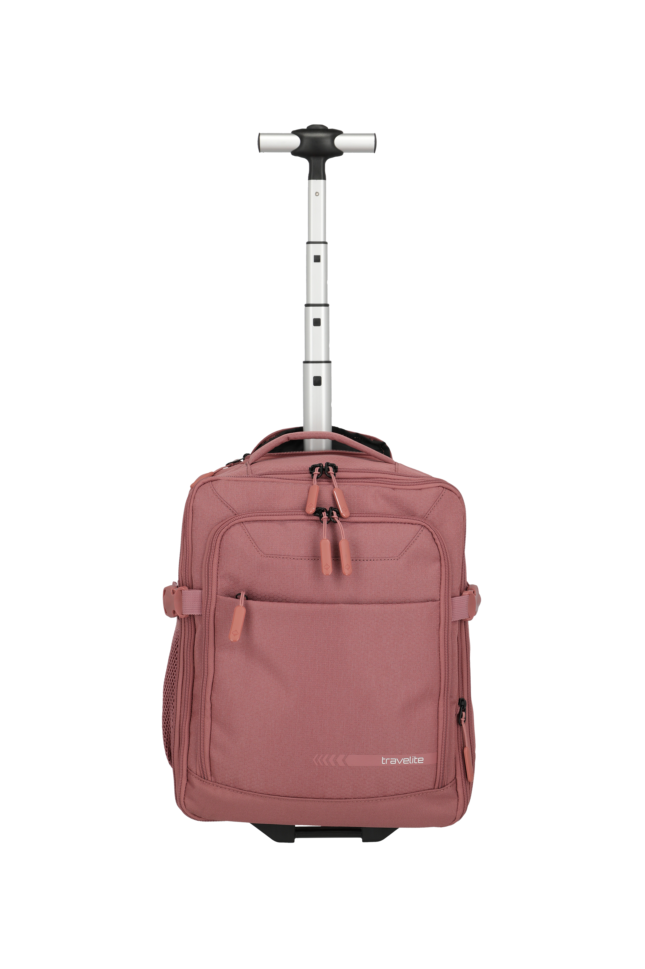 A pink-coloured trolley backpack stands against a black background. The backpack has a square shape with several zip pockets and carrying handles. The telescopic handle can be pulled out and has a T-shaped handle. Castors are attached at the bottom.