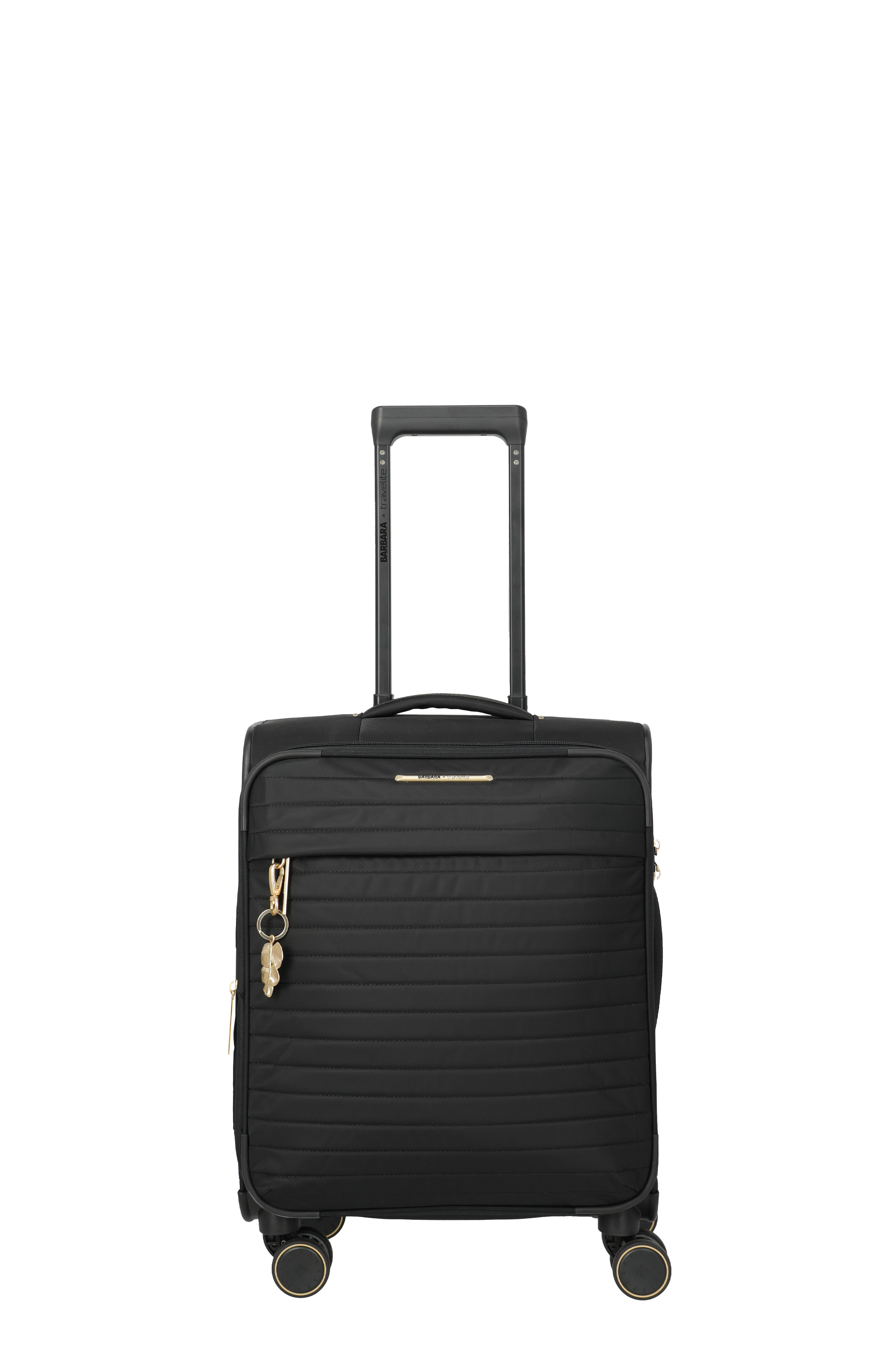 Schwarzer Trolley-Koffer mit Goldakzenten und vier Rollen, ideal als Handgepäck Vorderansicht eines schwarzen Trolley-Koffers mit goldfarbenen Details und ausziehbarem Griff