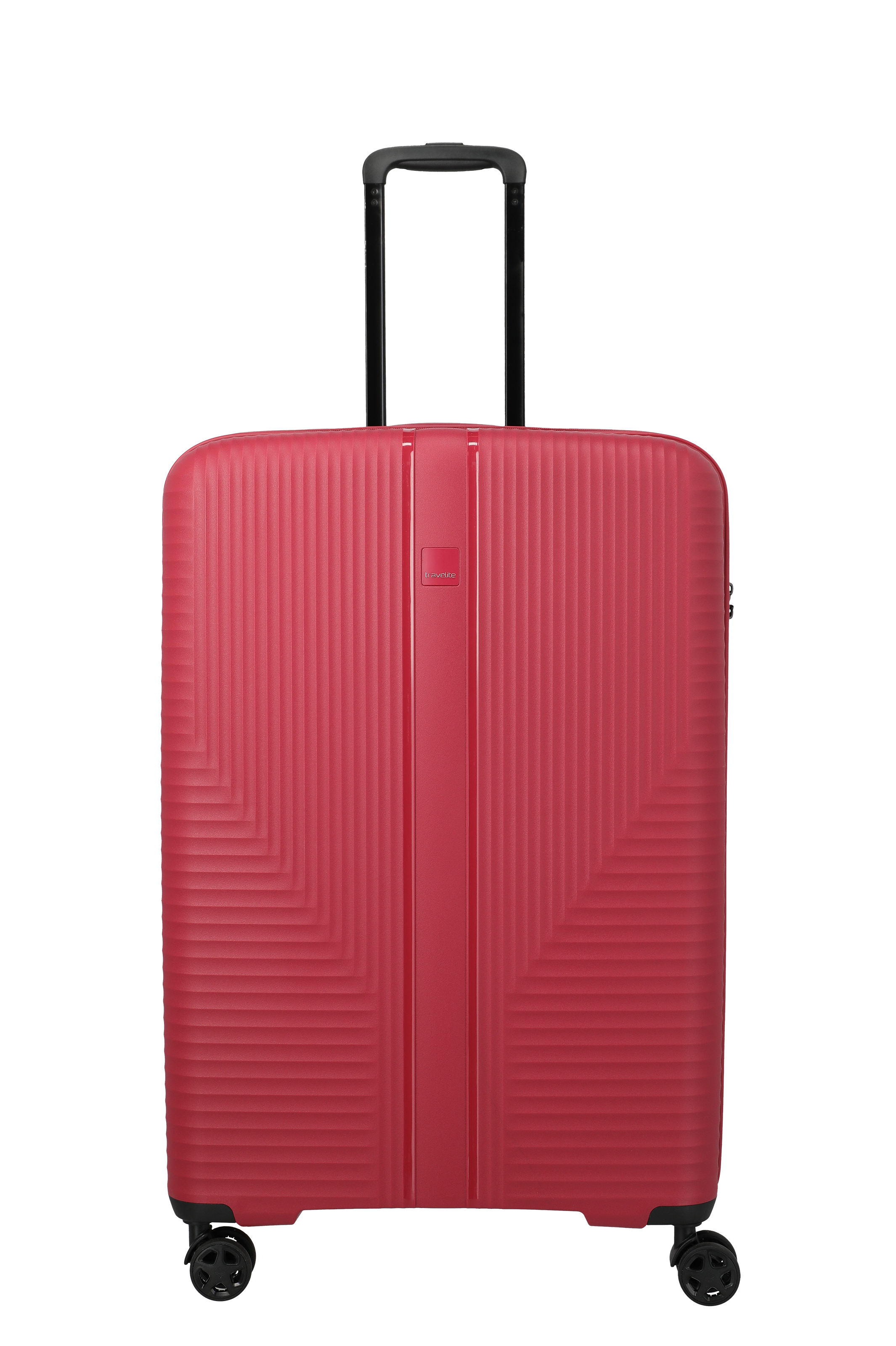 Valigia TRAVELITE rossa di taglia L. La valigia ha un manico estensibile, quattro ruote e una superficie rigata. Al centro della valigia si trova una striscia stretta e liscia con il logo TRAVELITE.