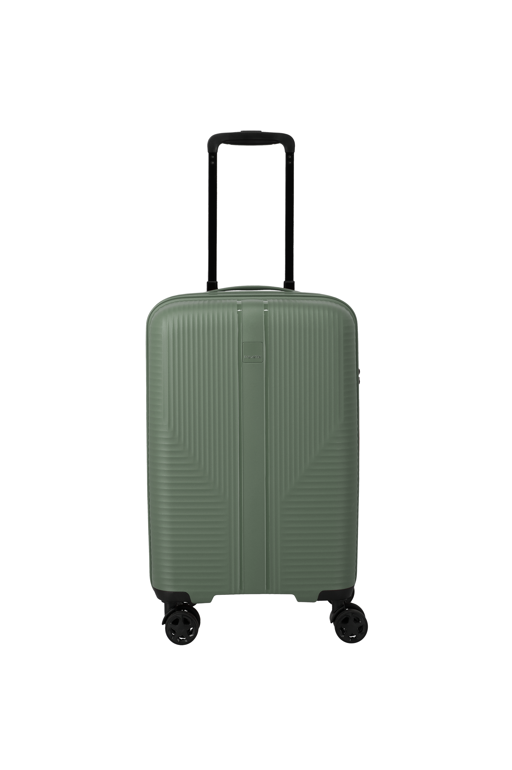 Un trolley verde oliva di TRAVELITE si staglia su uno sfondo nero. Ha un manico telescopico nero e quattro ruote. La superficie della valigia è decorata con un motivo geometrico. È la misura più piccola (S Slim) di un set di 3 pezzi.