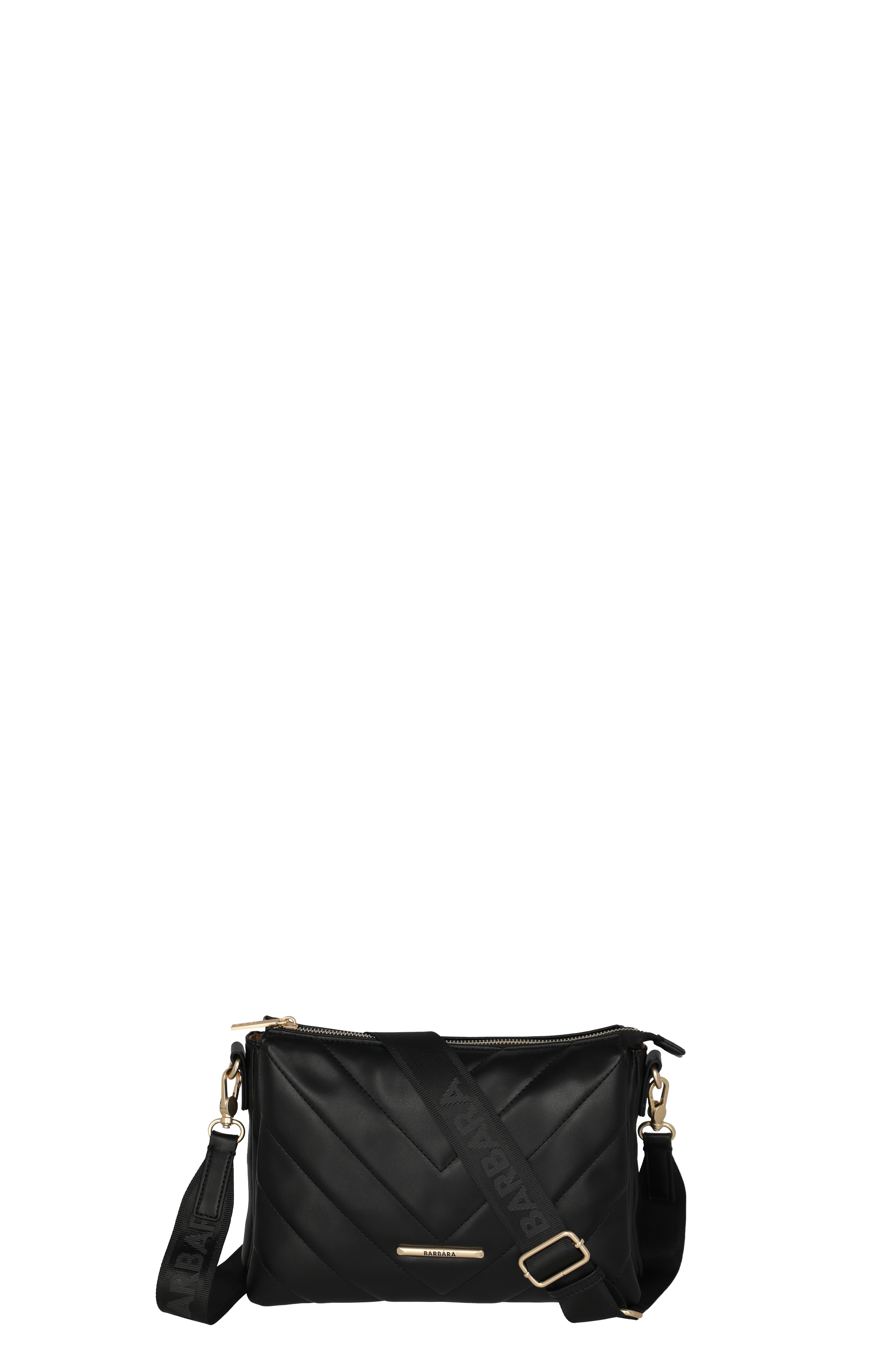 Stylische schwarze Umhängetasche mit Steppmuster und breitem Schulterriemen Schwarze Damen-Umhängetasche aus Kunstleder mit Steppdesign, goldfarbener Schnalle und breitem, verstellbarem Schulterriemen