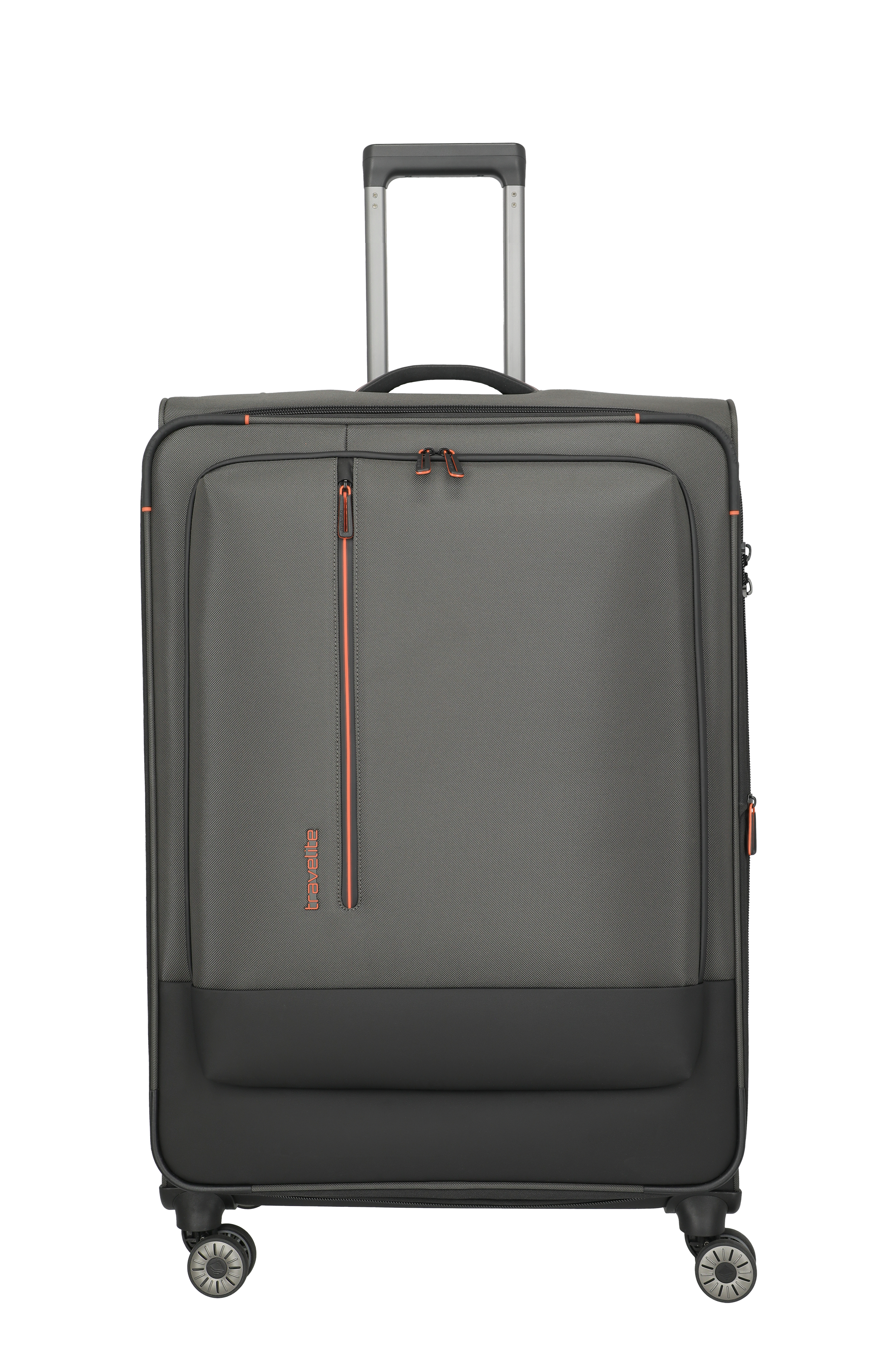 Robuster Trolley in Grau mit vier Rollen und ausziehbarem Griff – Ideal für Reisen Grauer Reisekoffer mit vier Rollen, ausziehbarem Griff und Fronttasche, Modell von travelite