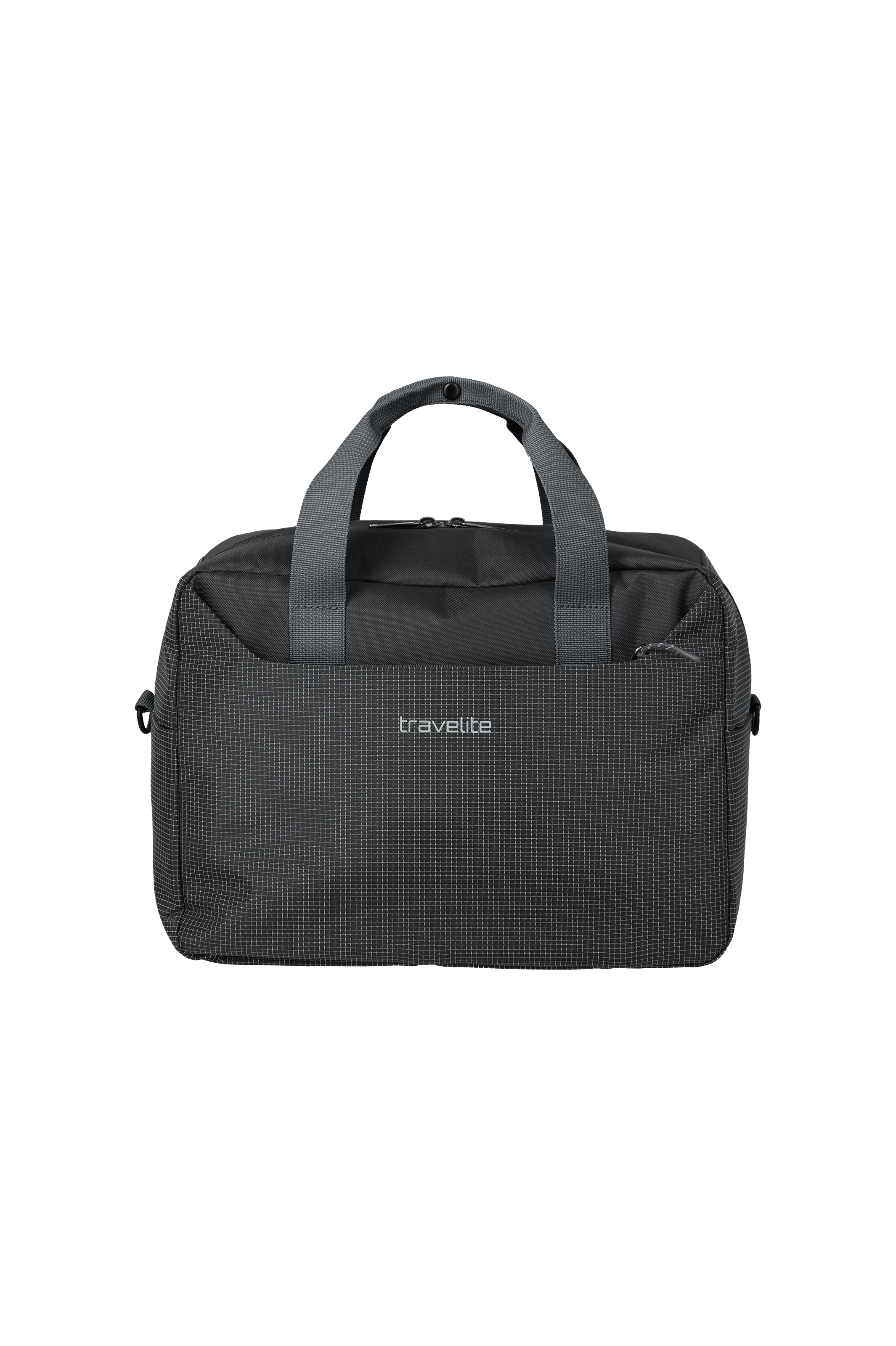 Borsa da viaggio grigia su sfondo nero. Due maniglie per il trasporto e zip nella parte superiore, stesso materiale. Raffinato motivo a griglia nella parte inferiore. Marchio "travelite" a caratteri bianchi.