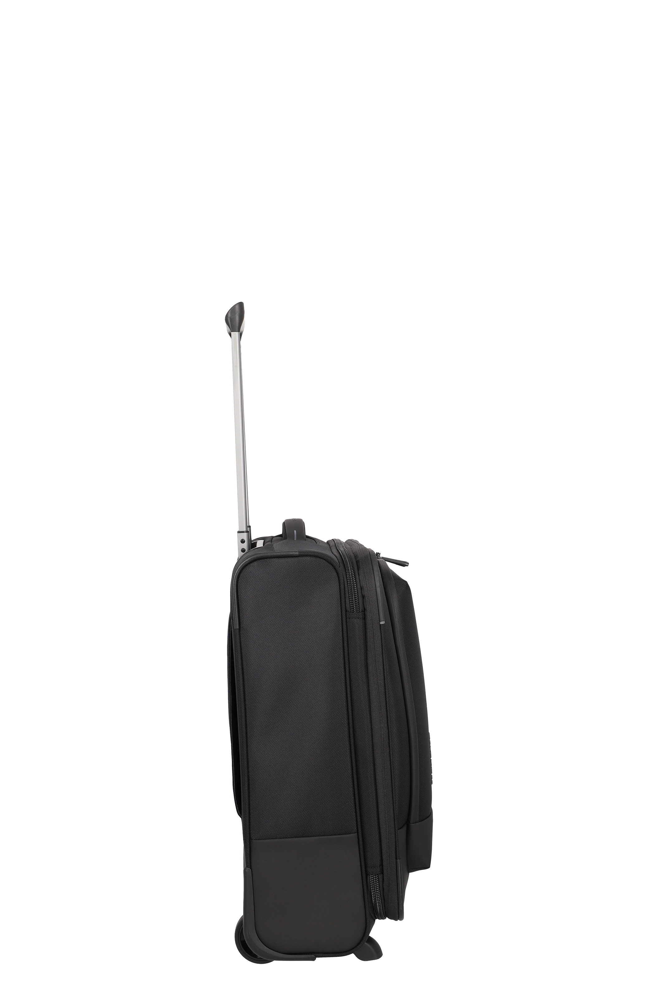 Praktischer schwarzer Trolley-Koffer mit robustem Teleskopgriff – Seitenansicht