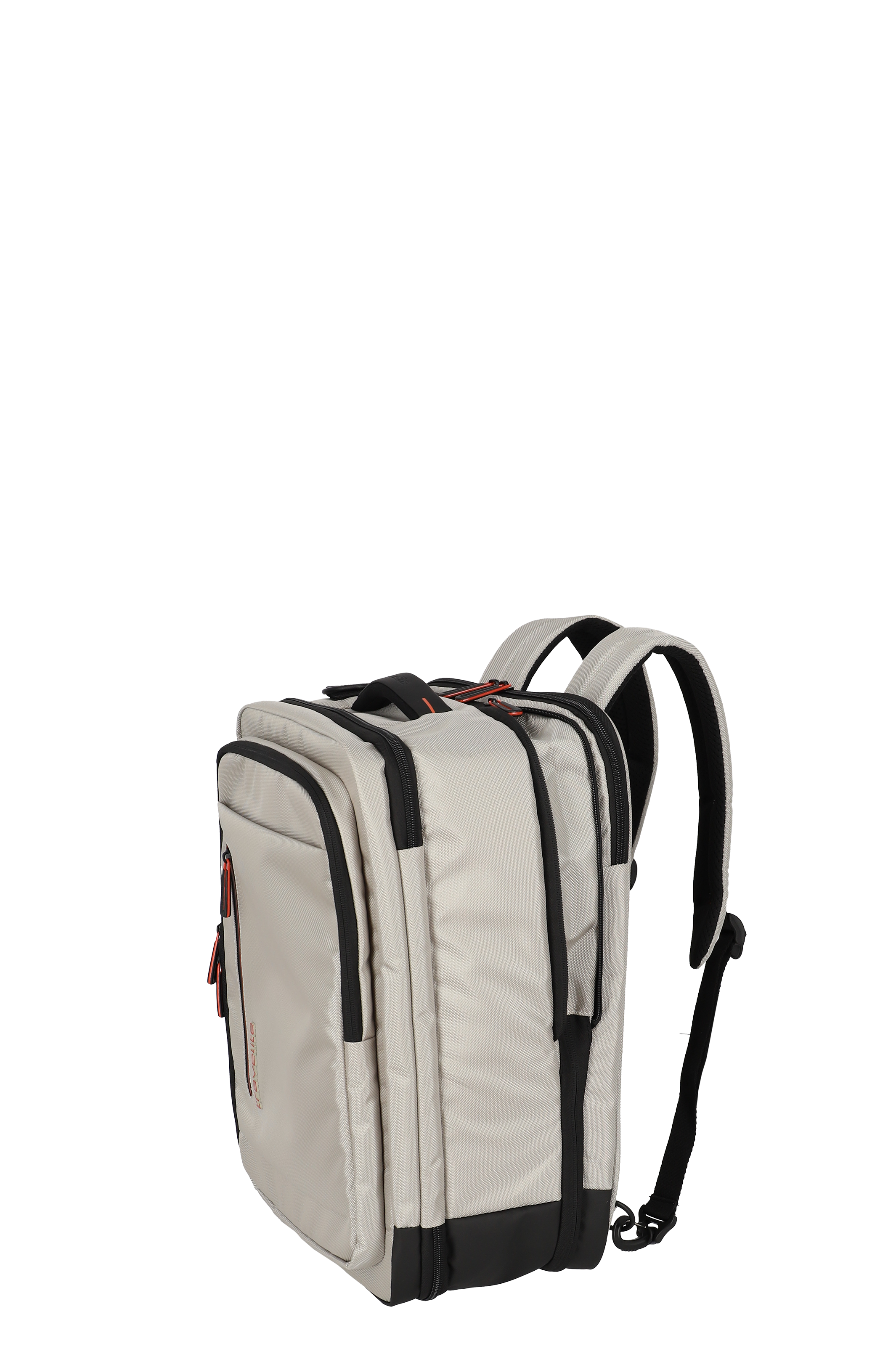 Moderner, robuster Laptop-Rucksack in Beige mit mehreren Fächern und schwarzen Akzenten