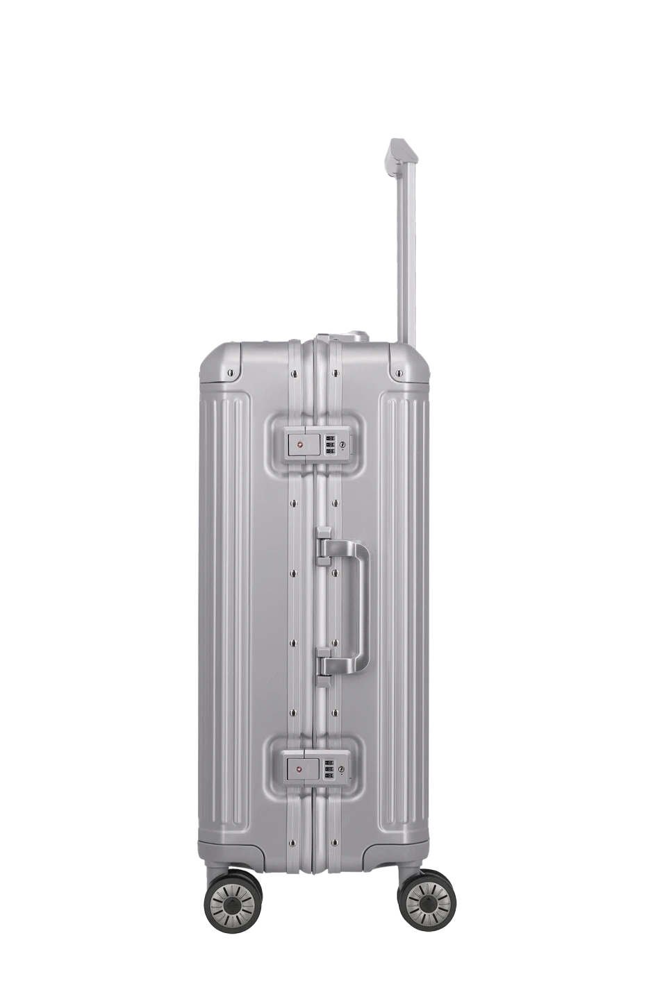 silberner Aluminium Koffer Next von travelite Seitenansicht 2