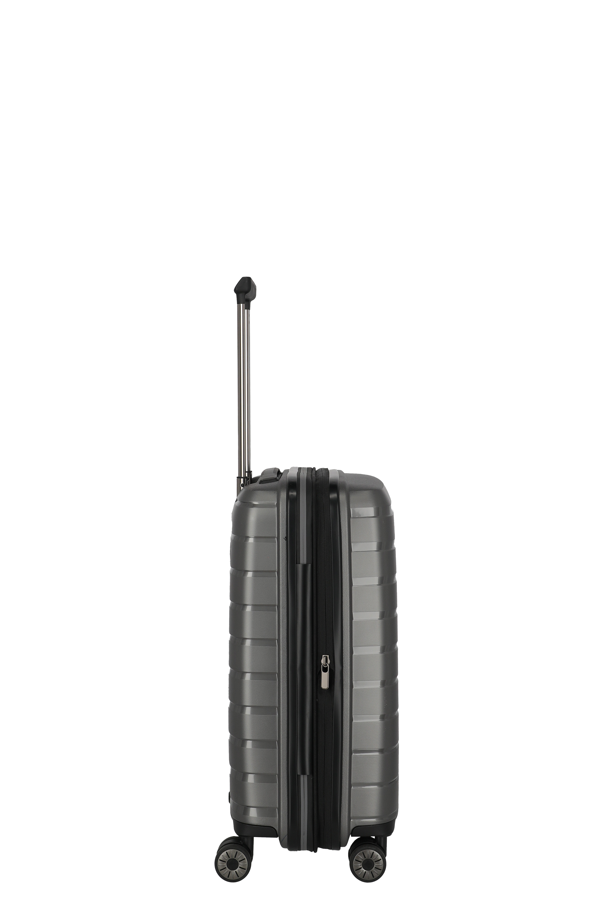 Robuster Hartschalen-Trolley in Grau mit Teleskopgriff und vier Rollen – Seitenansicht