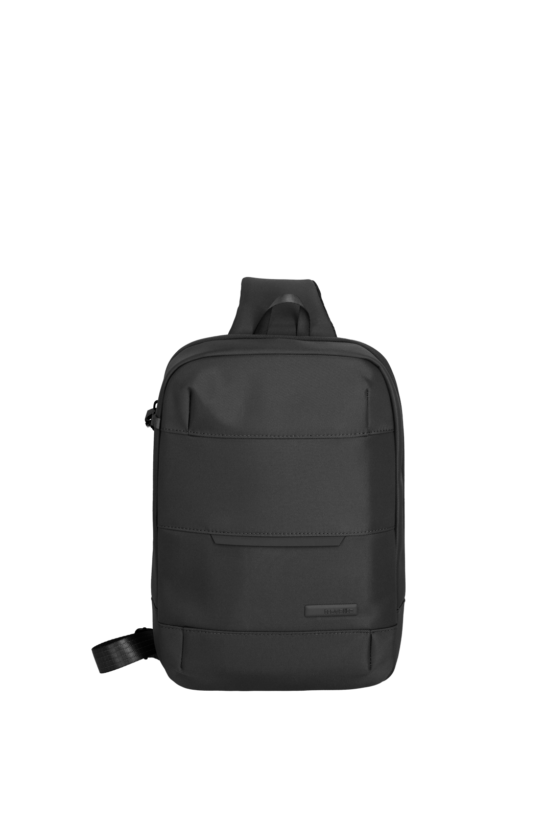 Schwarzer, moderner Sling-Rucksack für Alltag, Reisen oder Freizeit Schwarzer, kompakter Sling-Rucksack aus Stoff mit einem Trageriemen, schlichtes und minimalistisches Design