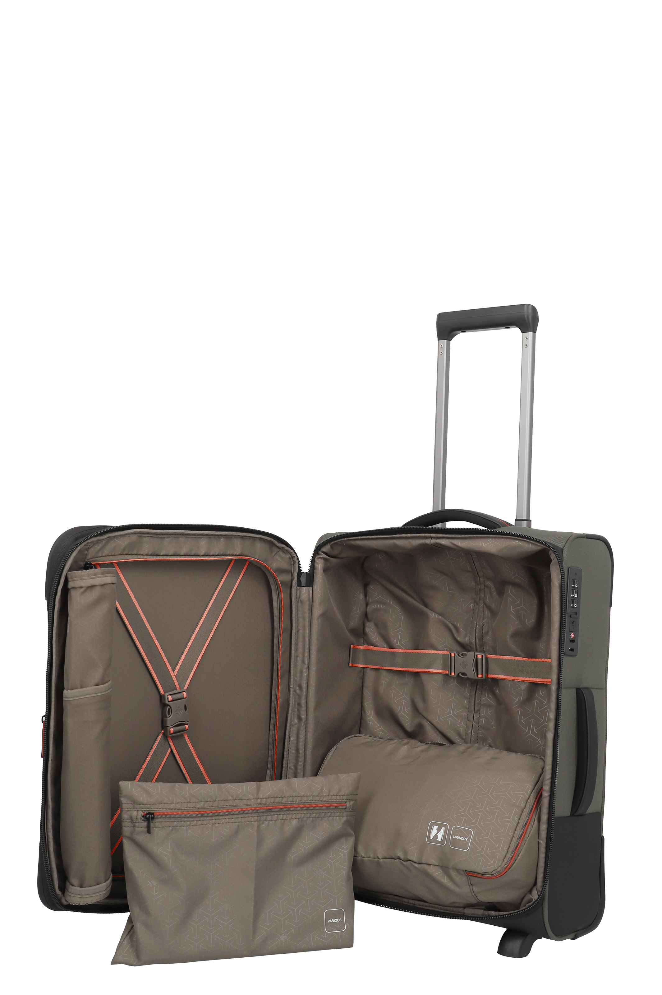 Offener Hartschalenkoffer mit praktischem Innenraum und zwei herausnehmbaren Taschen