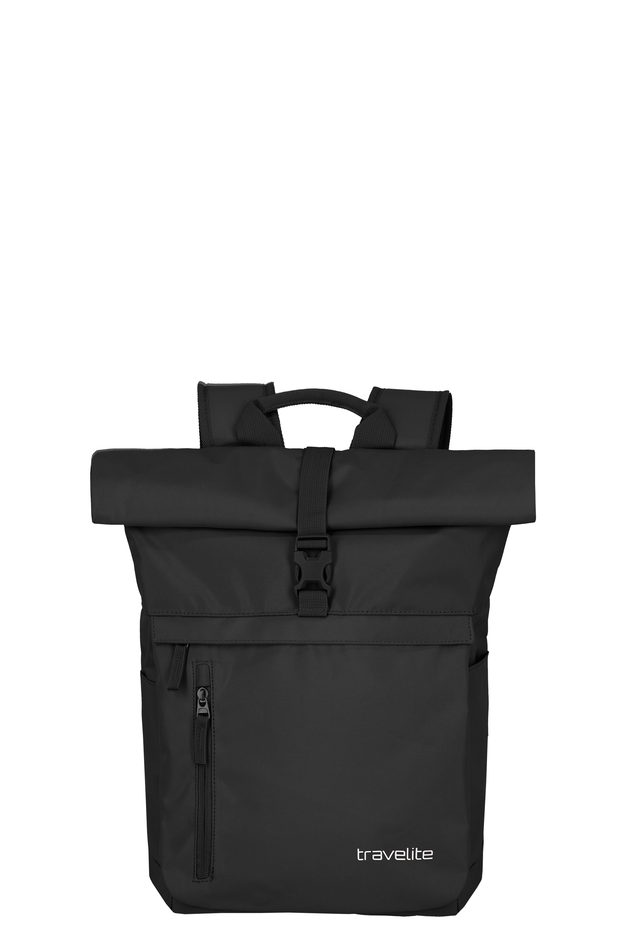 Black roll-up rucksack from TRAVELITE. The upper part is rolled up and fastened with a strap with buckle. There is a pocket with a zip at the front. The rucksack has carrying straps.
