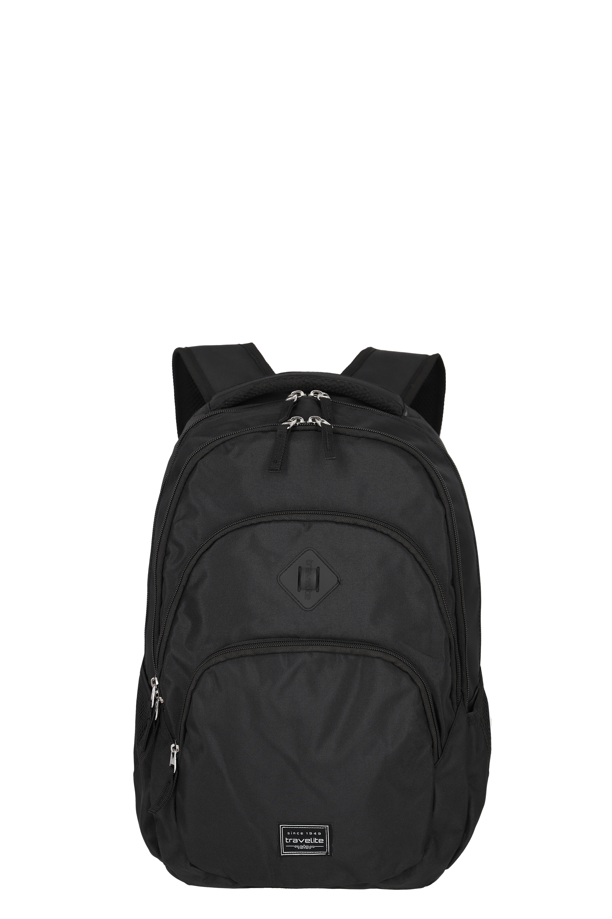 Black TRAVELITE backpack with two main compartments. There is a small zip pocket on the front. Striking TRAVELITE logo on the bottom edge. Carrying handle and adjustable shoulder straps for optimum comfort.