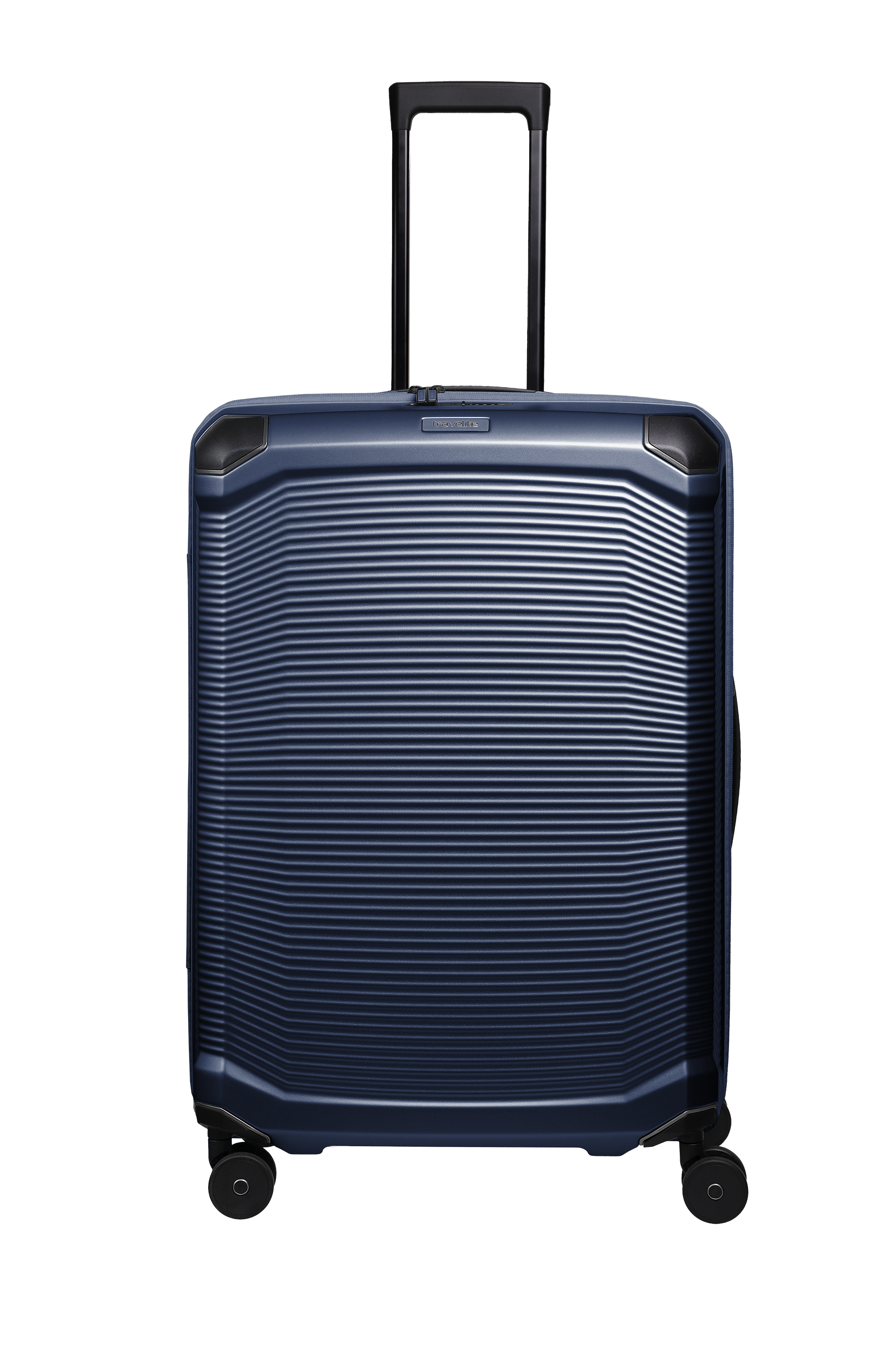 TRAVELITE Trolley L en azul con asa telescópica y cuatro ruedas. La superficie de la maleta presenta un fino dibujo de ranuras horizontales. Las esquinas llevan refuerzos negros.