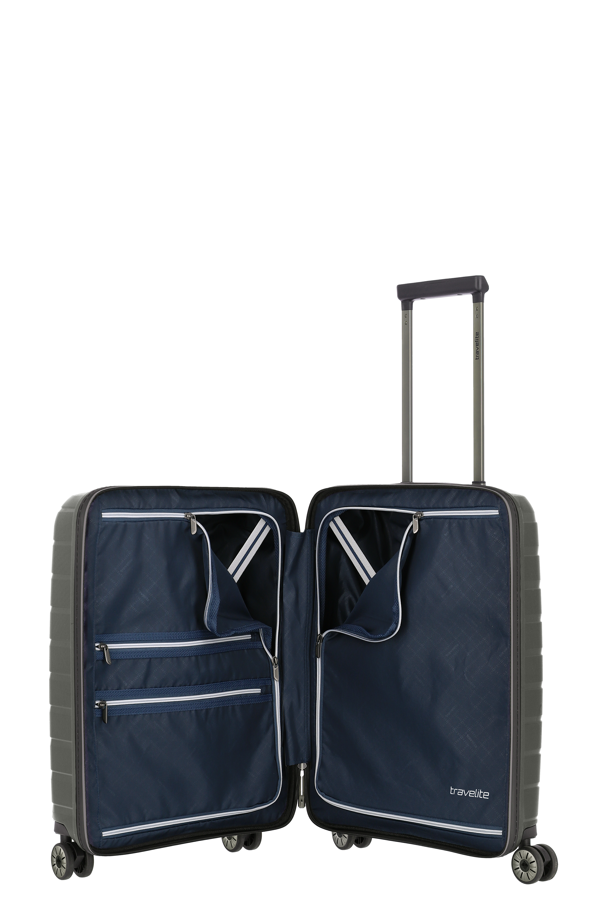 Schwarzer Hartschalenkoffer mit vier Rollen und geöffnetem Innenraum, viele Fächer, Teleskopgriff, Marke Travelite