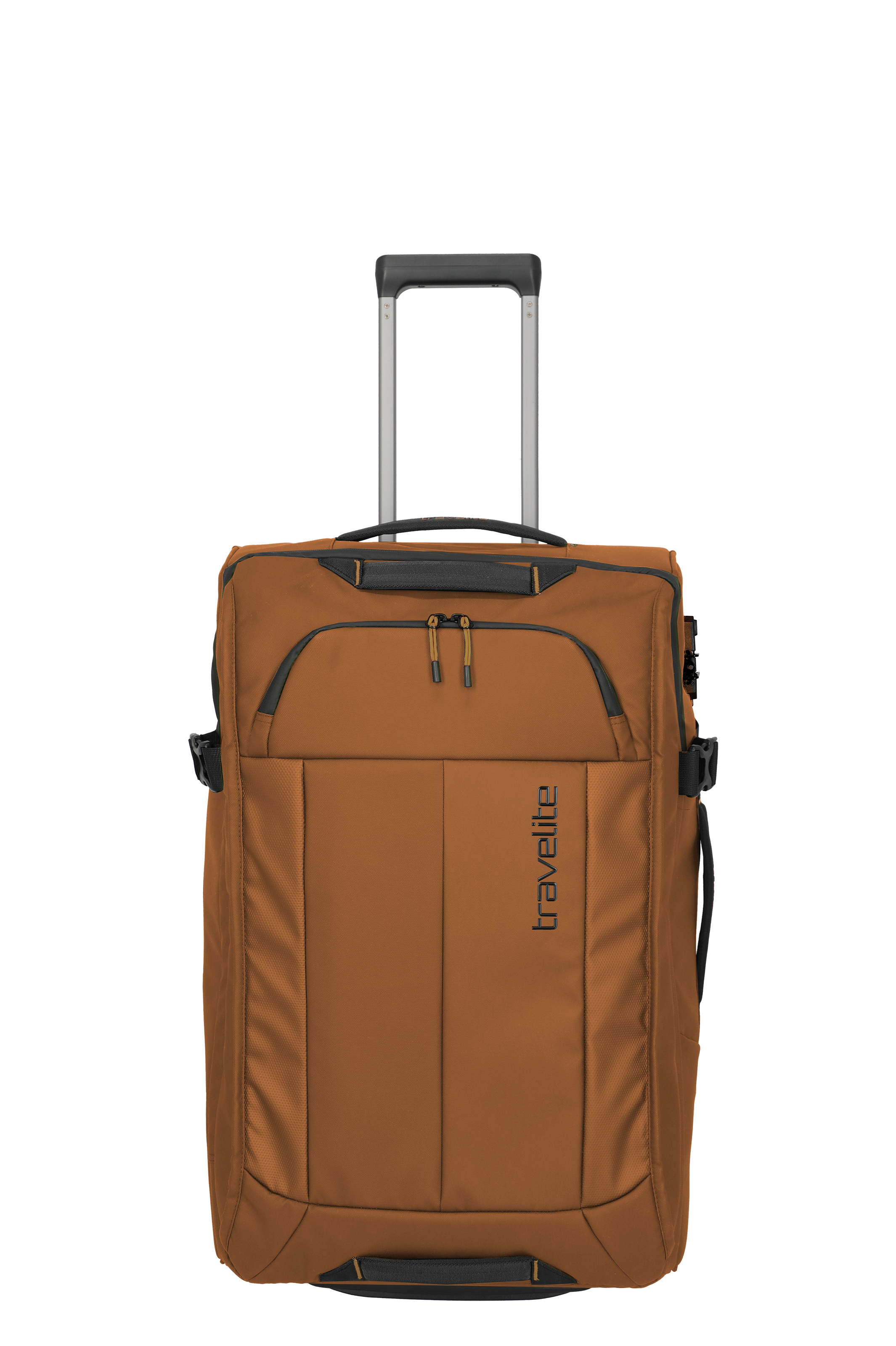 Brauner Travelite Kabinentrolley mit Teleskopgriff und Fronttasche, ideal als Handgepäck