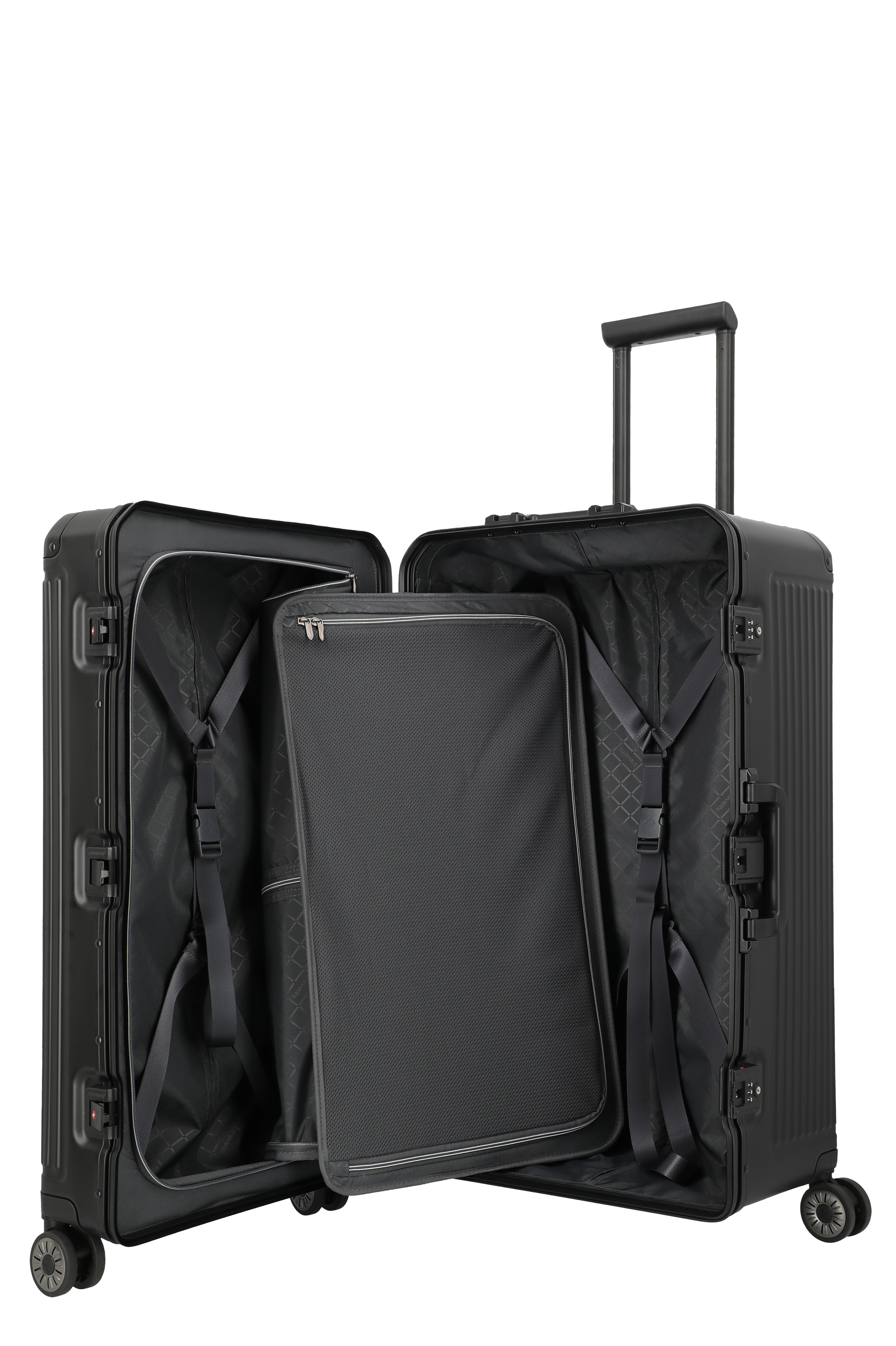 Großer schwarzer Hartschalenkoffer mit offener Inneneinteilung und Teleskopgriff – ideal für Reisen