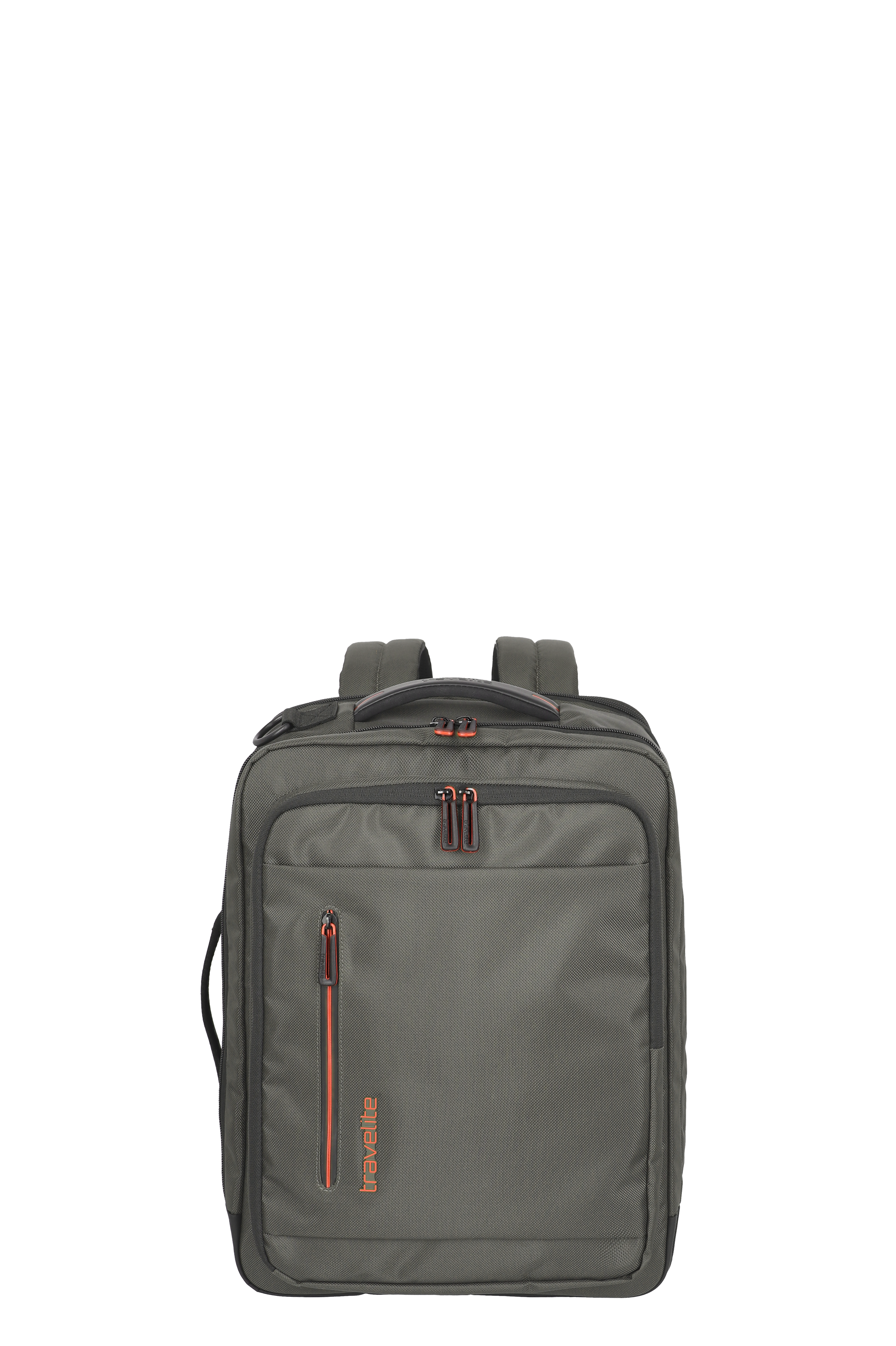 Grauer Travelite Rucksack mit mehreren Reißverschlussfächern und orangefarbenen Details, frontal abgebildet