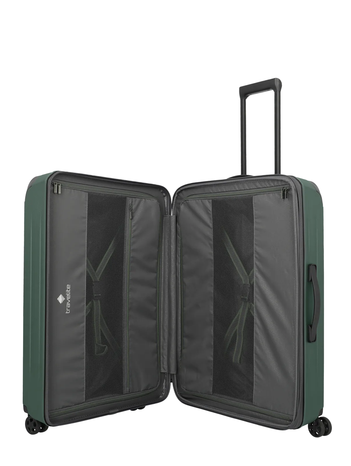 Großer grüner Hartschalenkoffer von travelite, geöffnet mit viel Stauraum und Fächern