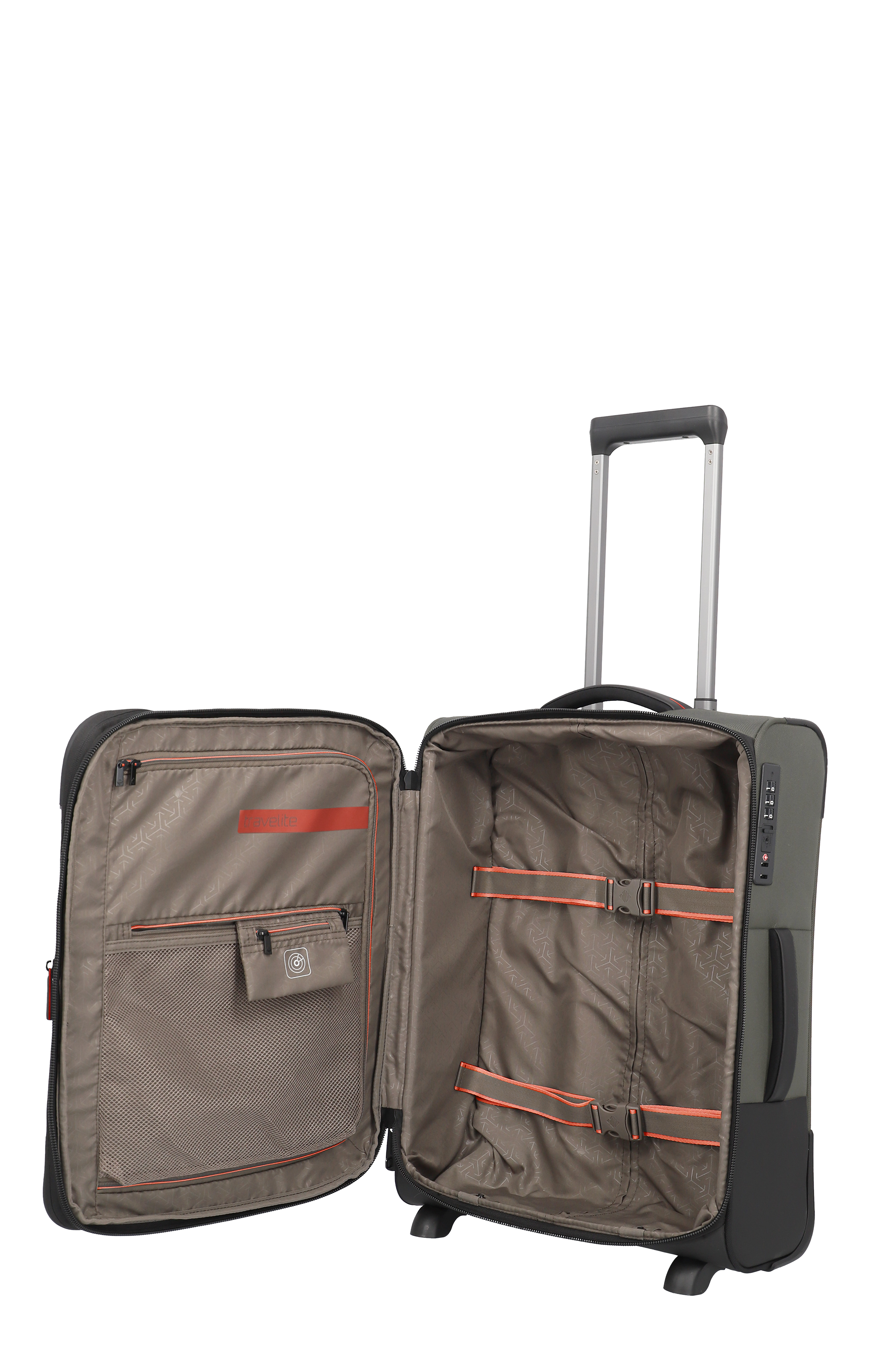 Leichter Koffer mit geöffnetem Innenraum, Packriemen und Fächern – ideal für Reisen