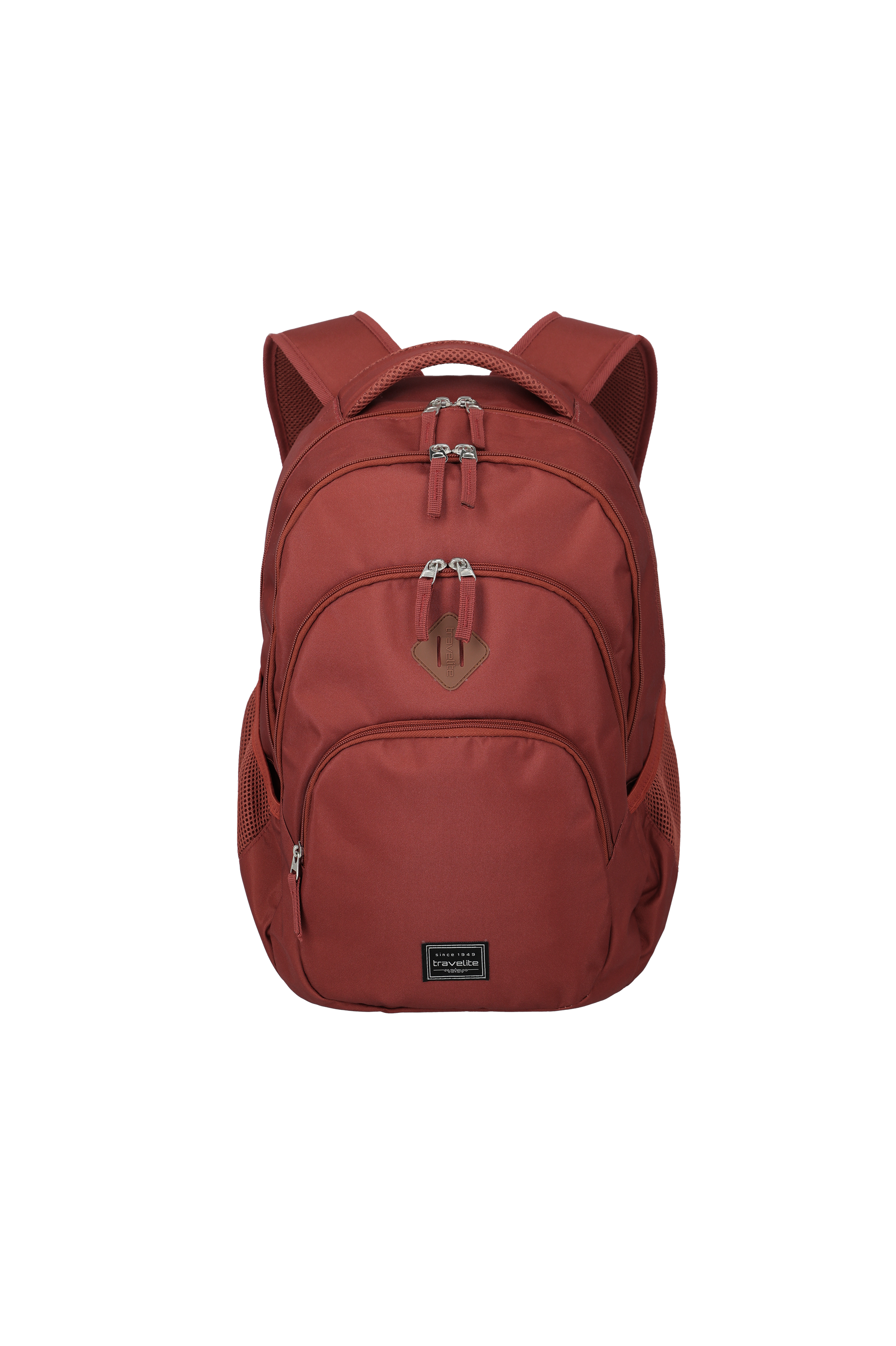 Ein roter Rucksack mit zwei Hauptfächern, einem kleineren Fach unten und zwei kleinen Seitentaschen aus Netzstoff. Der Rucksack hat zwei silberne Reißverschlüsse für jedes Fach, sowie Tragegriffe und Schultergurte.