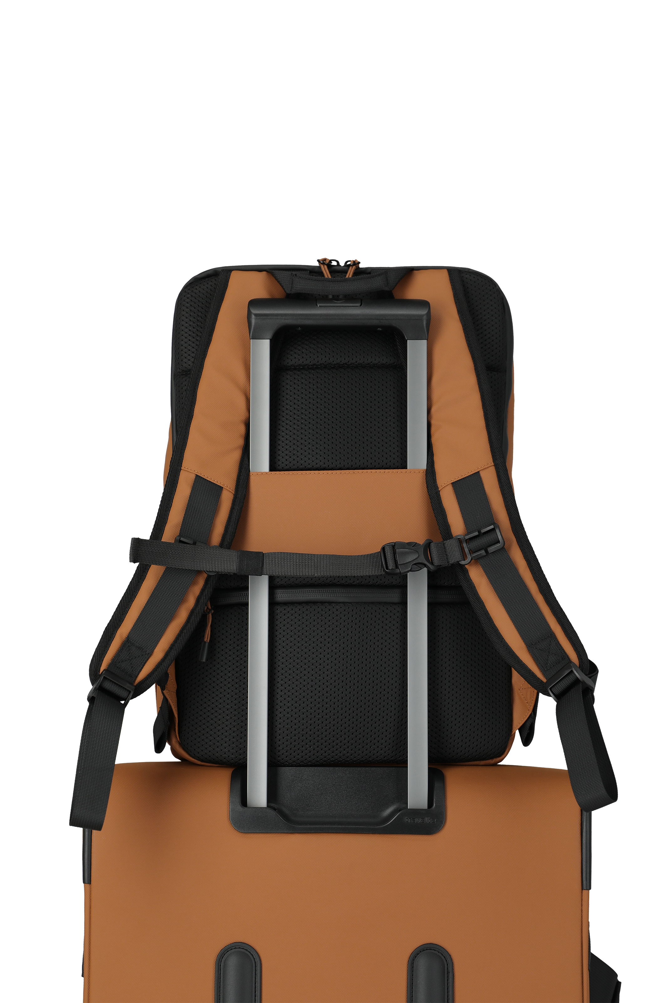 Rucksack in Braun und Schwarz sicher auf einem Trolley befestigt