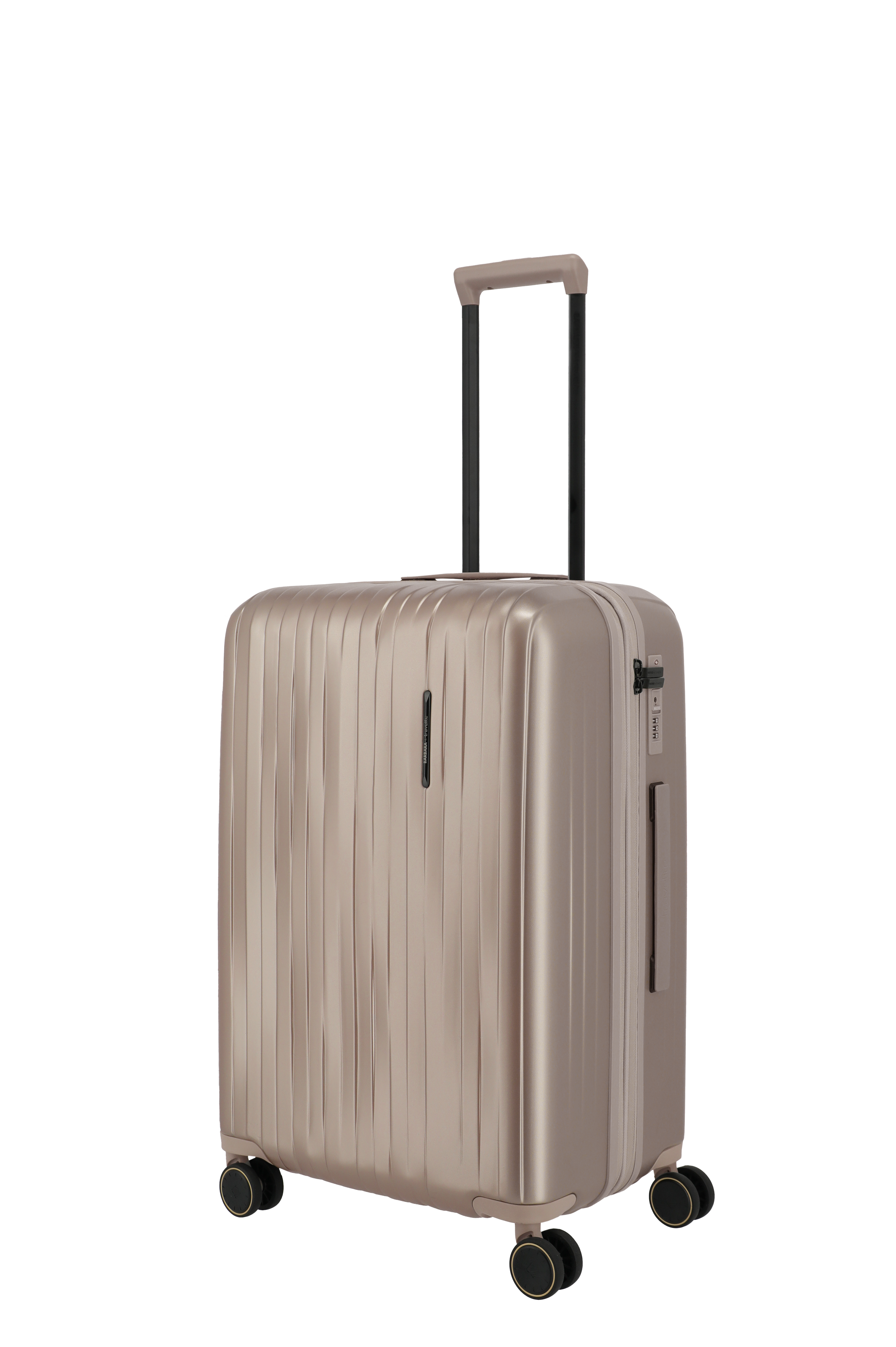 Moderner Hartschalenkoffer in Metallic-Rosé mit vier Rollen und ausziehbarem Teleskopgriff
