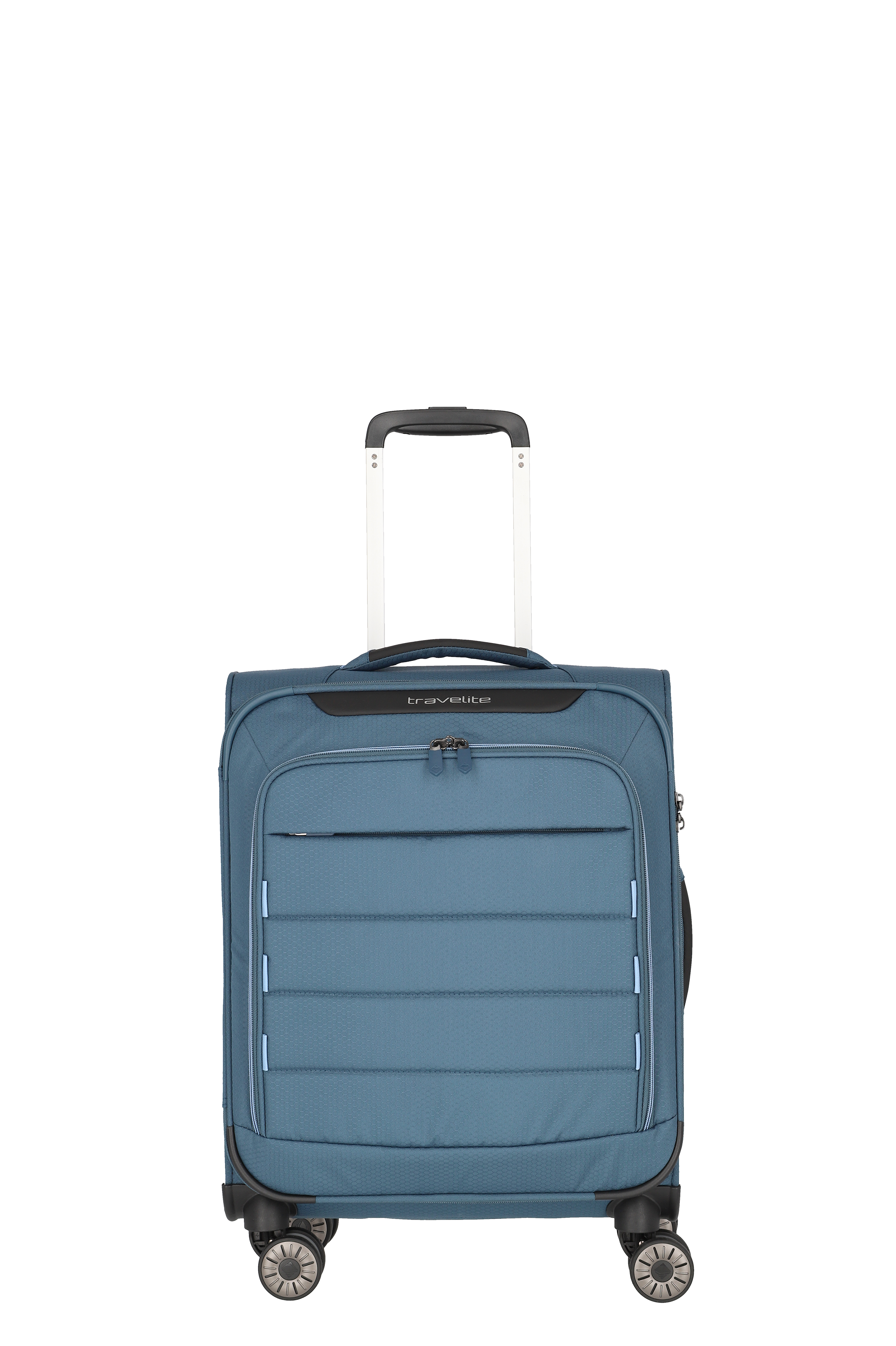Blauer Travelite Weichschalen-Trolley mit leichtlaufenden Vierfachrollen und Teleskopgriff, ideal für Reisen