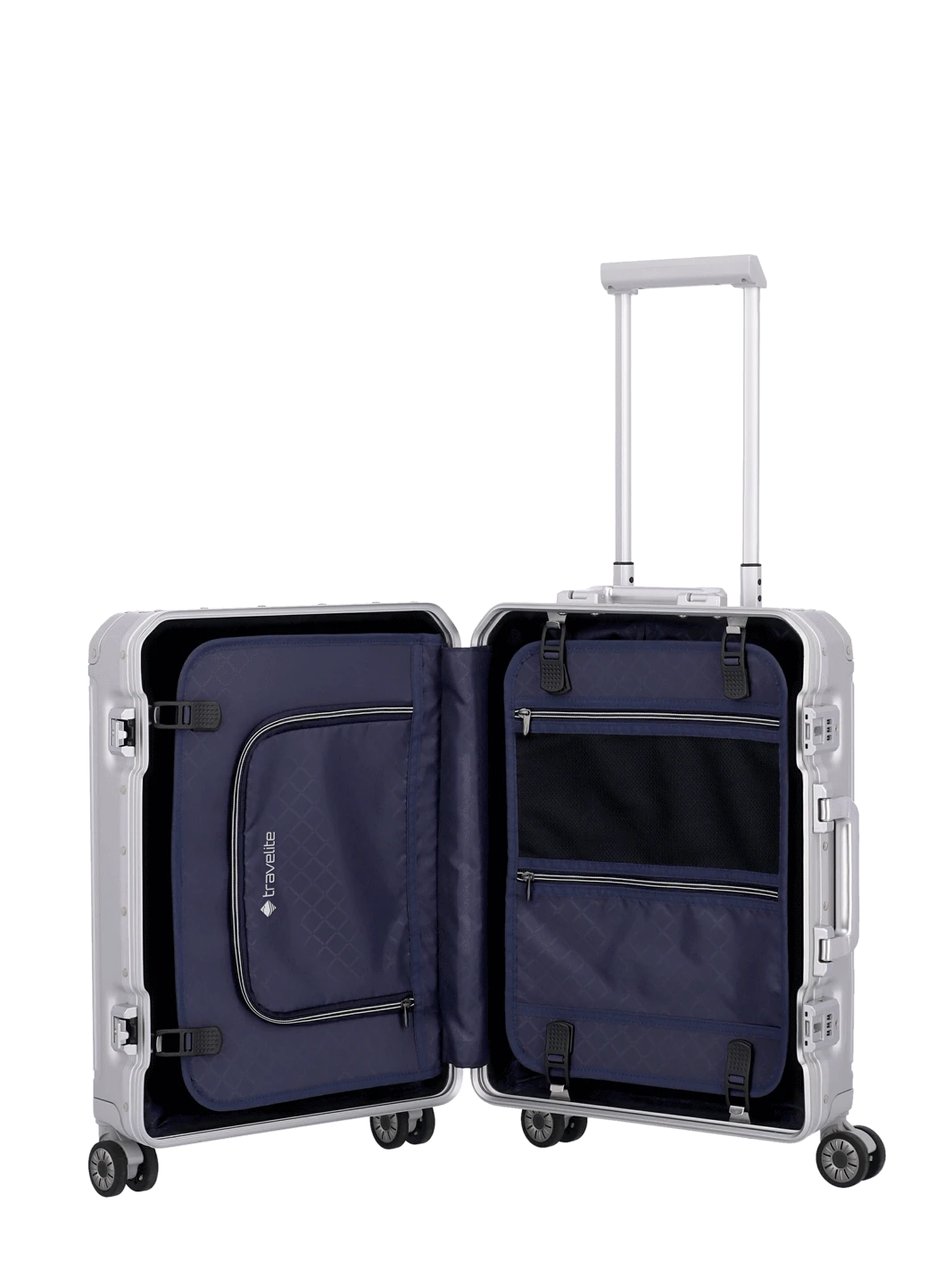 silberner Aluminium Koffer Next von travelite Größe S (55cm) Innenansicht