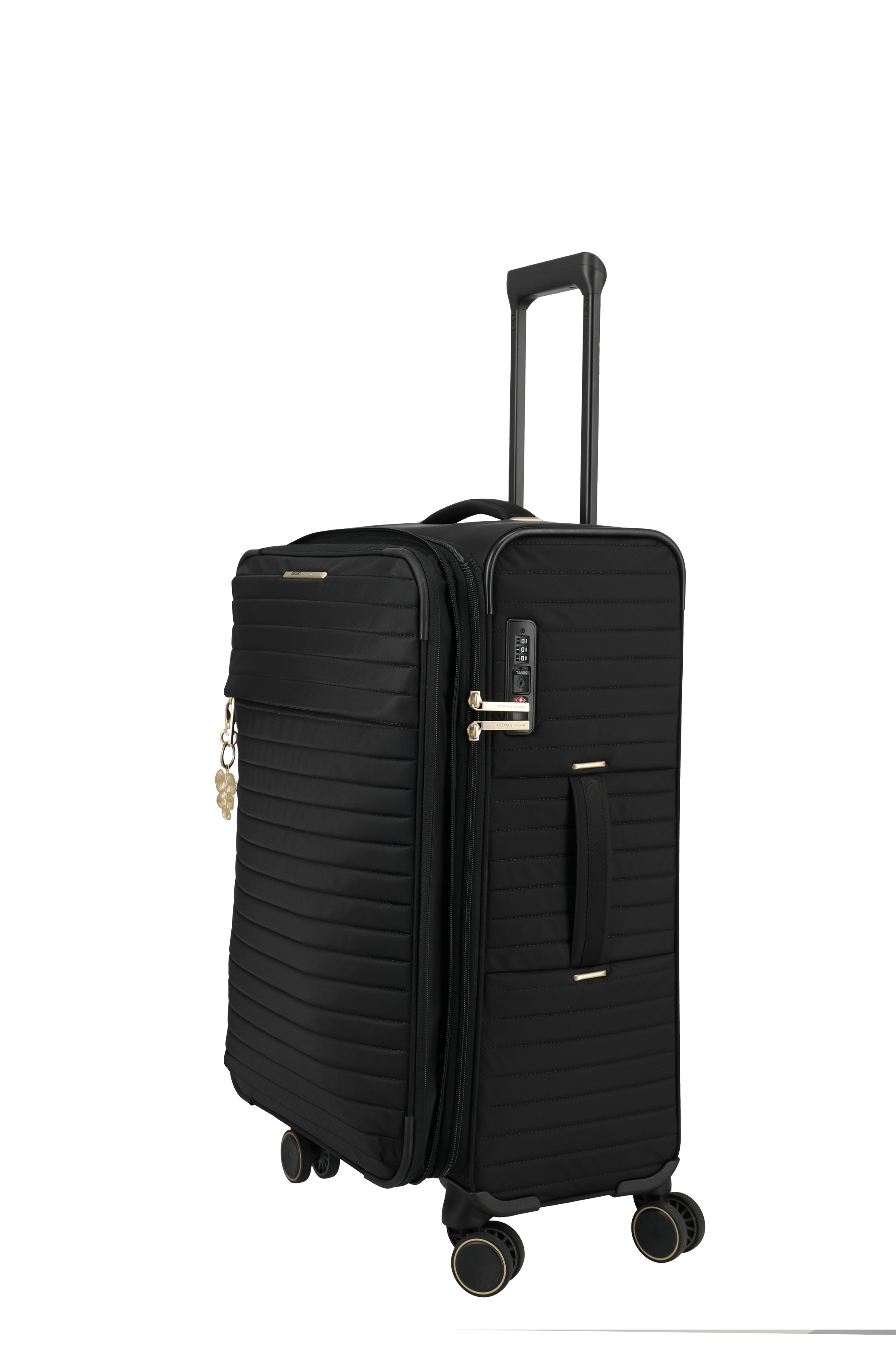 Schwarzer Reisekoffer mit vier Rollen und Teleskopgriff